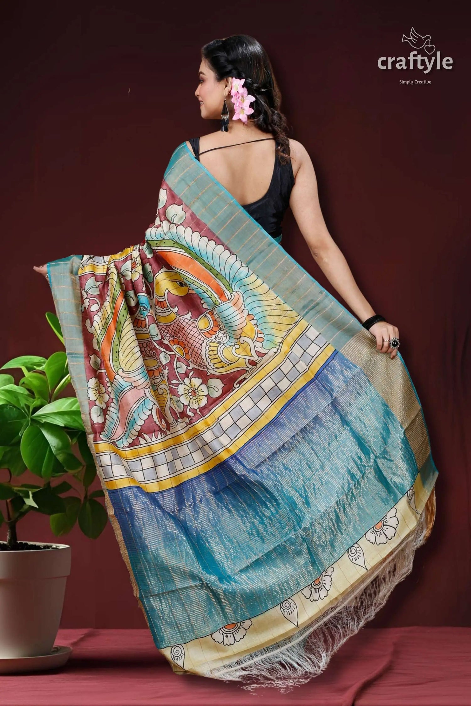 Rosewood handmade zari pure tussar kalamkari saree colorful painted saree 4