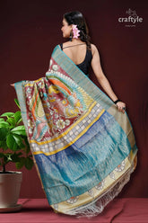 Rosewood handmade zari pure tussar kalamkari saree colorful painted saree 4