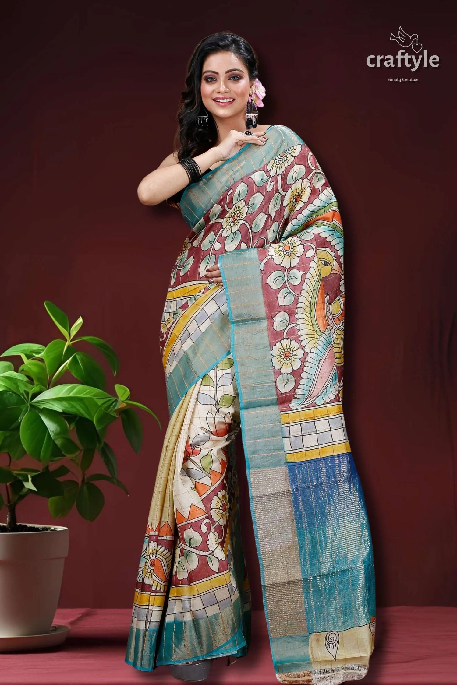 Rosewood handmade zari pure tussar kalamkari saree woman patterned saree 1