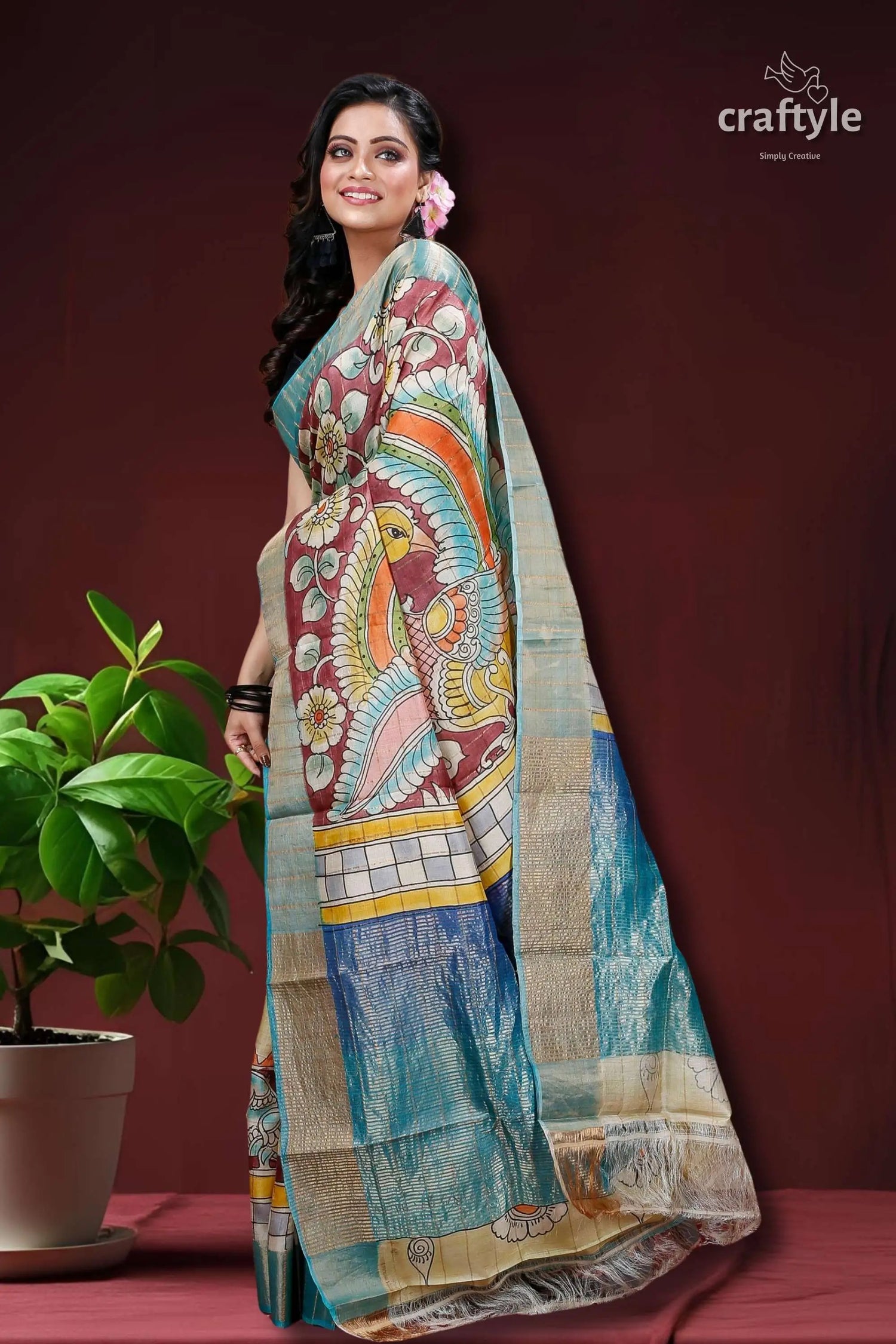 Rosewood handmade zari pure tussar kalamkari saree painted peacock saree 3