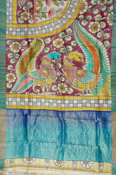 Rosewood handmade zari pure tussar kalamkari saree hand-painted silk fabric peacock motif 5