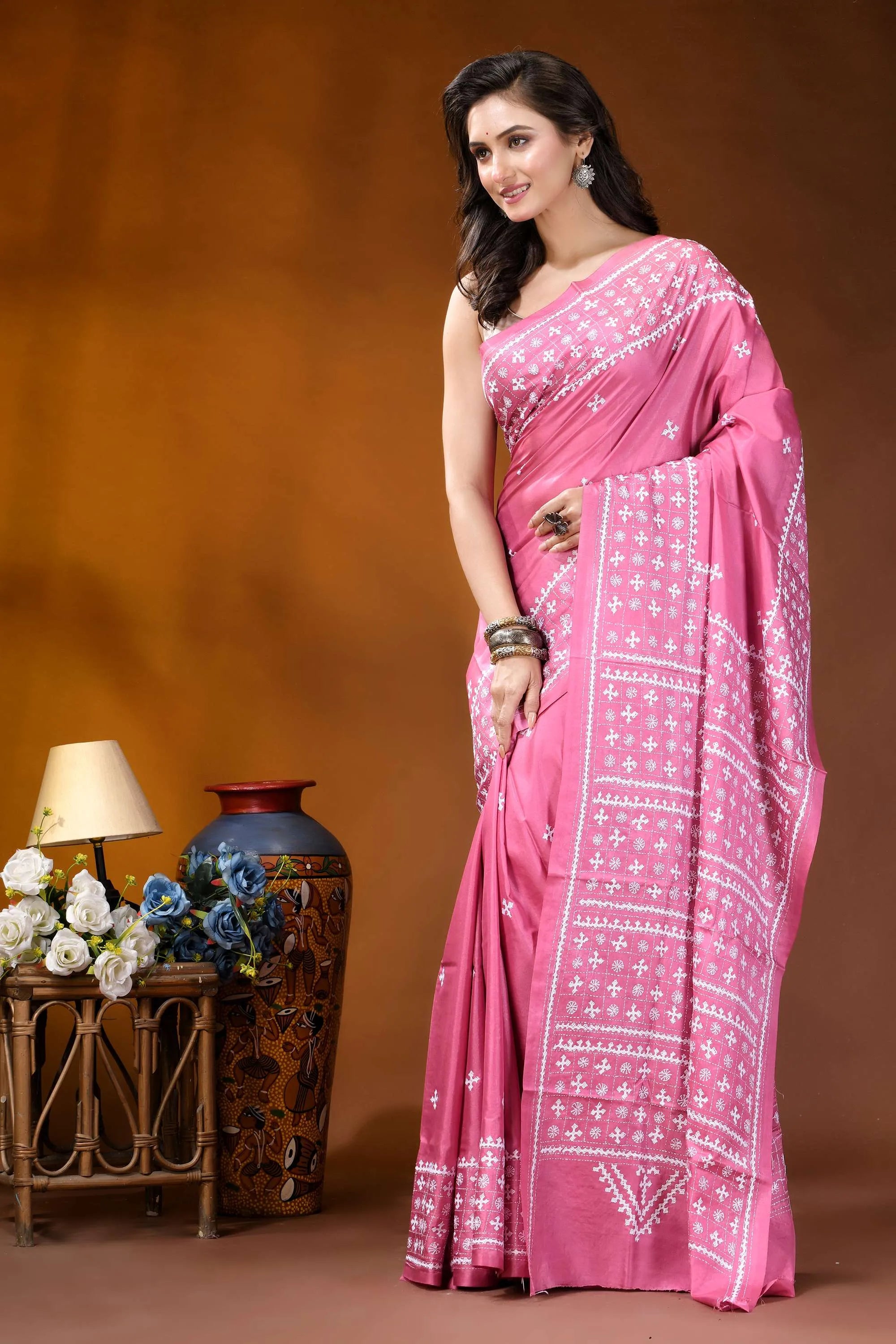 Rosy pink hand embroidery silk kutch work saree with ethnic pattern vibrant pink saree adorned intricate 3