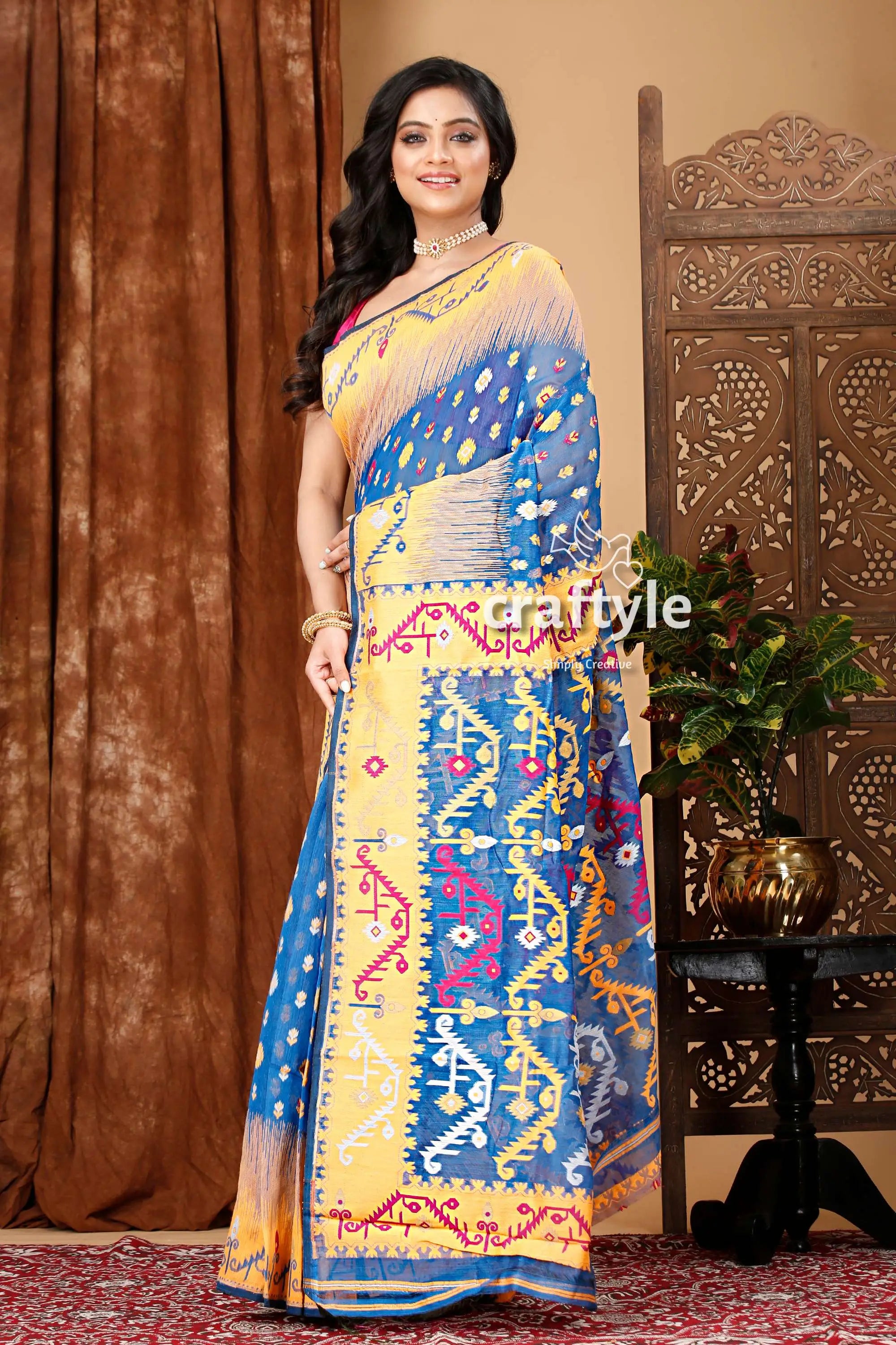 Royal blue and orange classic jamdani saree for women woman blue yellow saree 3