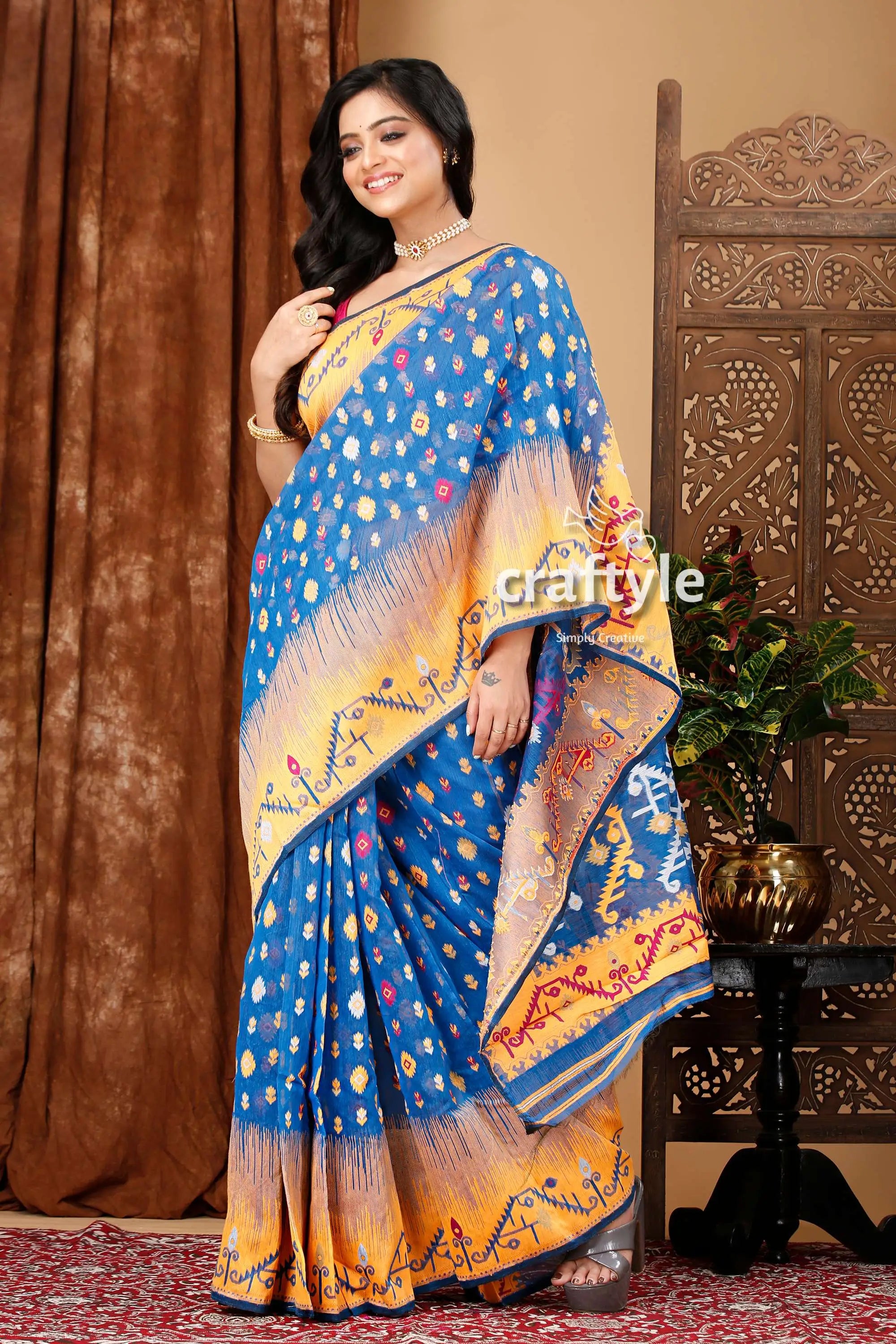 Royal blue and orange classic jamdani saree for women blue yellow patterned saree 4