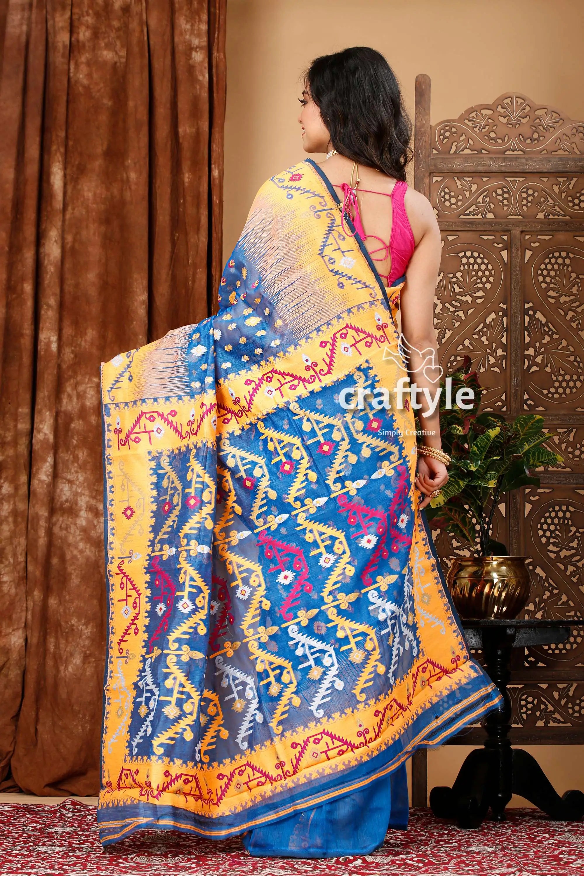 Royal blue and orange classic jamdani saree for women blue yellow patterned saree 5
