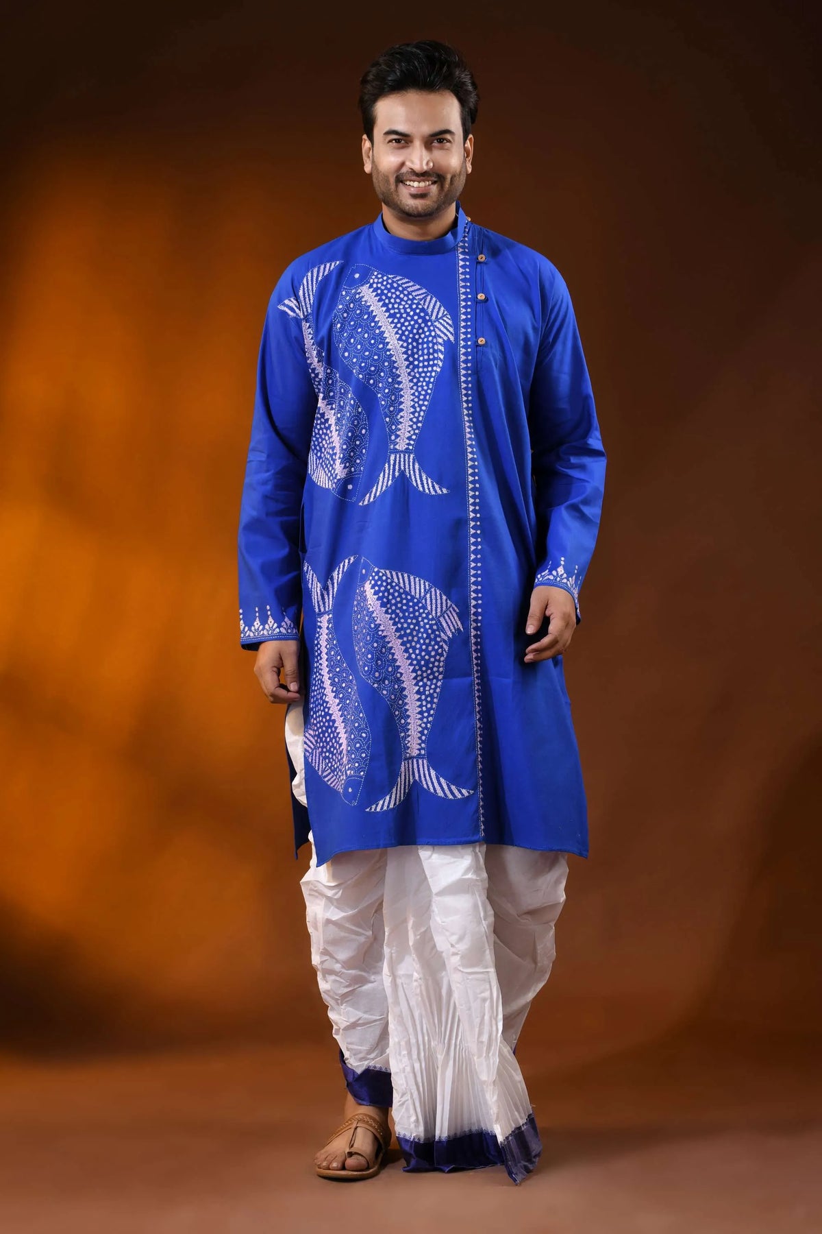 Royal blue cotton kantha punjabi for men with white fish embroidery 1
