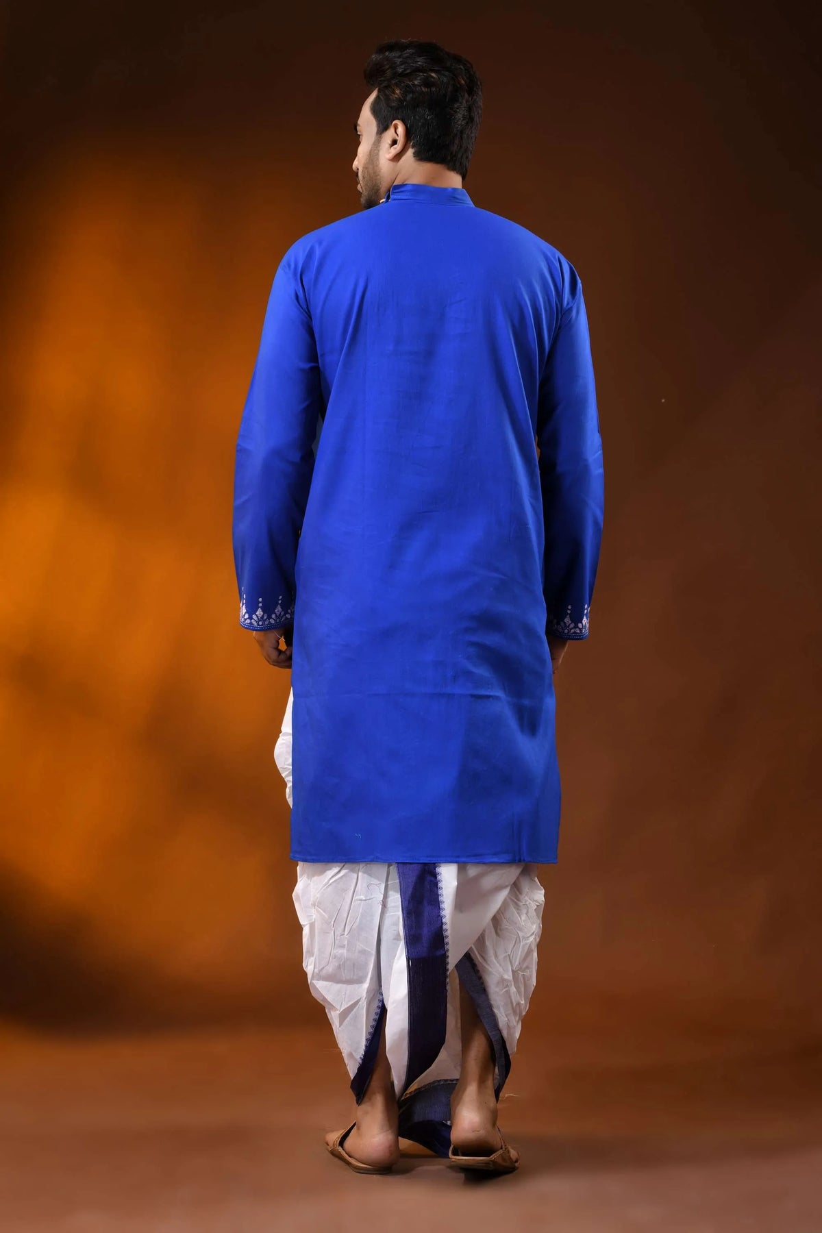 Royal blue cotton kantha punjabi for men with white fish embroidery 5
