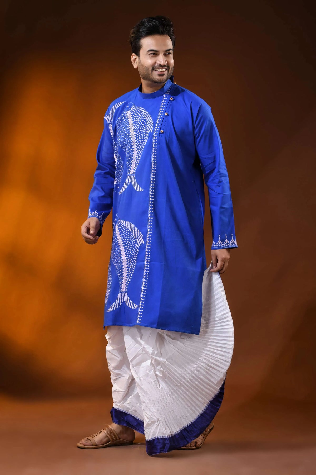 Royal blue cotton kantha punjabi for men with white fish embroidery 3
