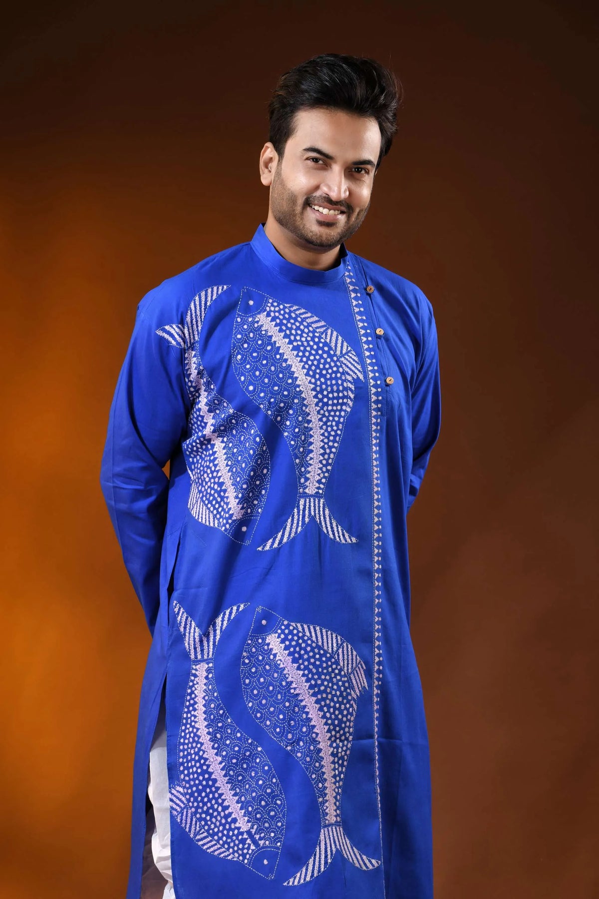 Royal blue cotton kantha punjabi for men with white fish embroidery 2