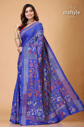 Royal blue floral theme ethnic silk kantha saree blue floral embroidered saree 3