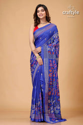 Royal blue floral theme ethnic silk kantha saree blue floral patterned saree 1