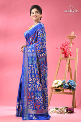 Royal blue hand kantha silk saree with floral design woman blue saree floral embroidery 4