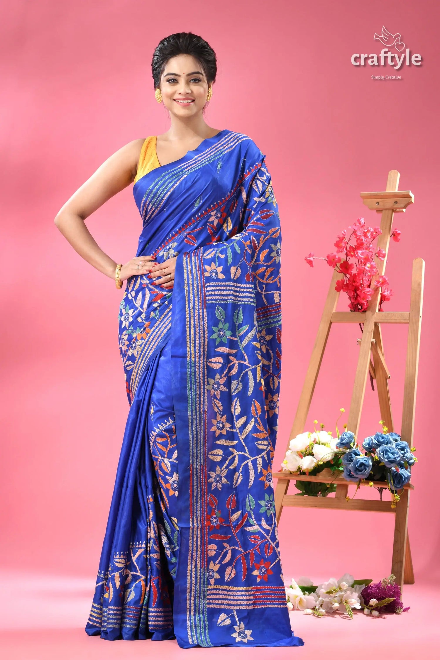 Royal blue hand kantha silk saree with floral design woman vibrant blue floral print 1
