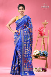 Royal blue hand kantha silk saree with floral design woman vibrant blue floral print 1