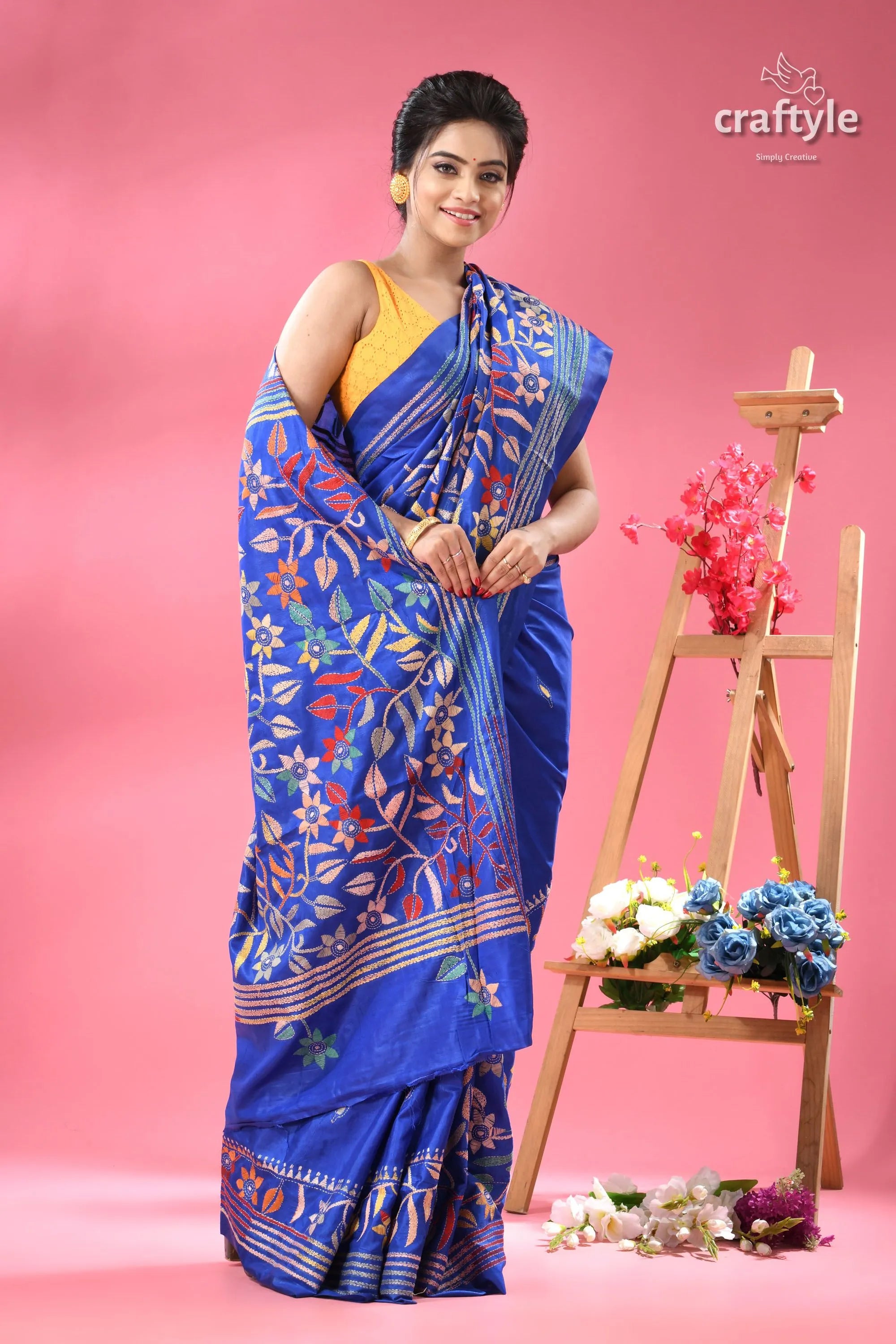 Royal blue hand kantha silk saree with floral design woman blue floral printed silk 3