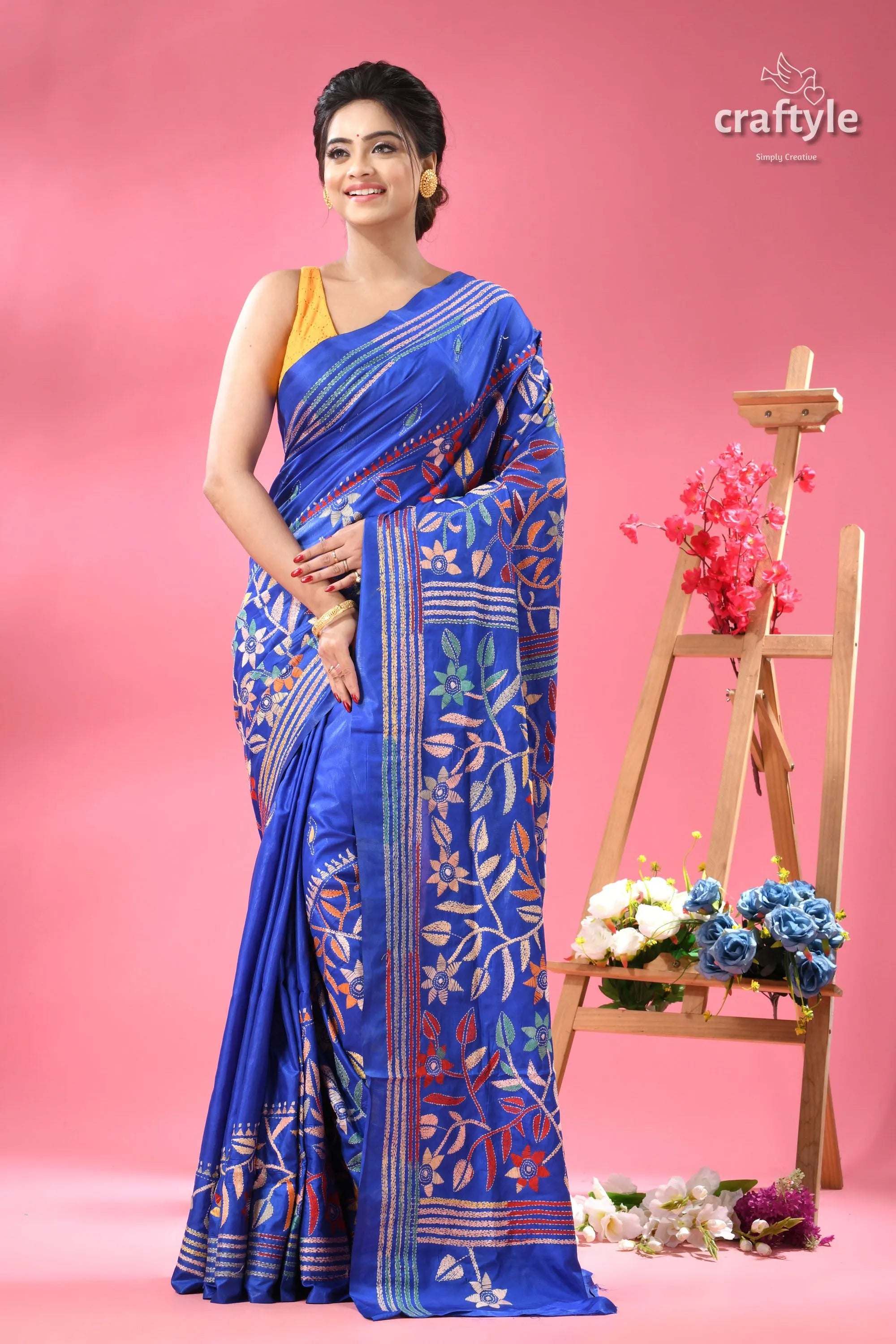 Royal blue hand kantha silk saree with floral design woman vibrant blue floral-embroidered saree 6