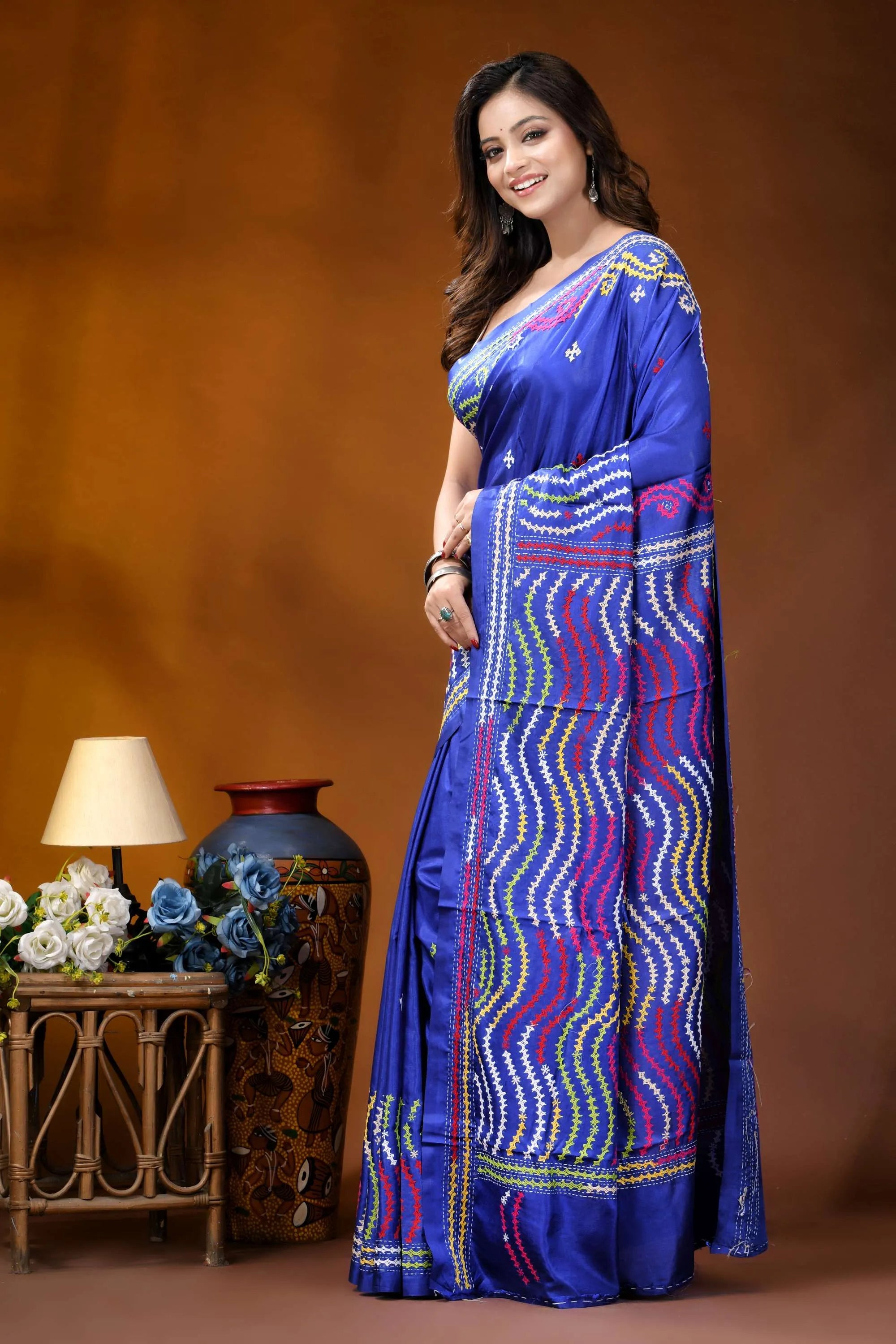 Royal blue multithread kutch embroidered silk saree - handmade vibrant royal blue saree intricate 3