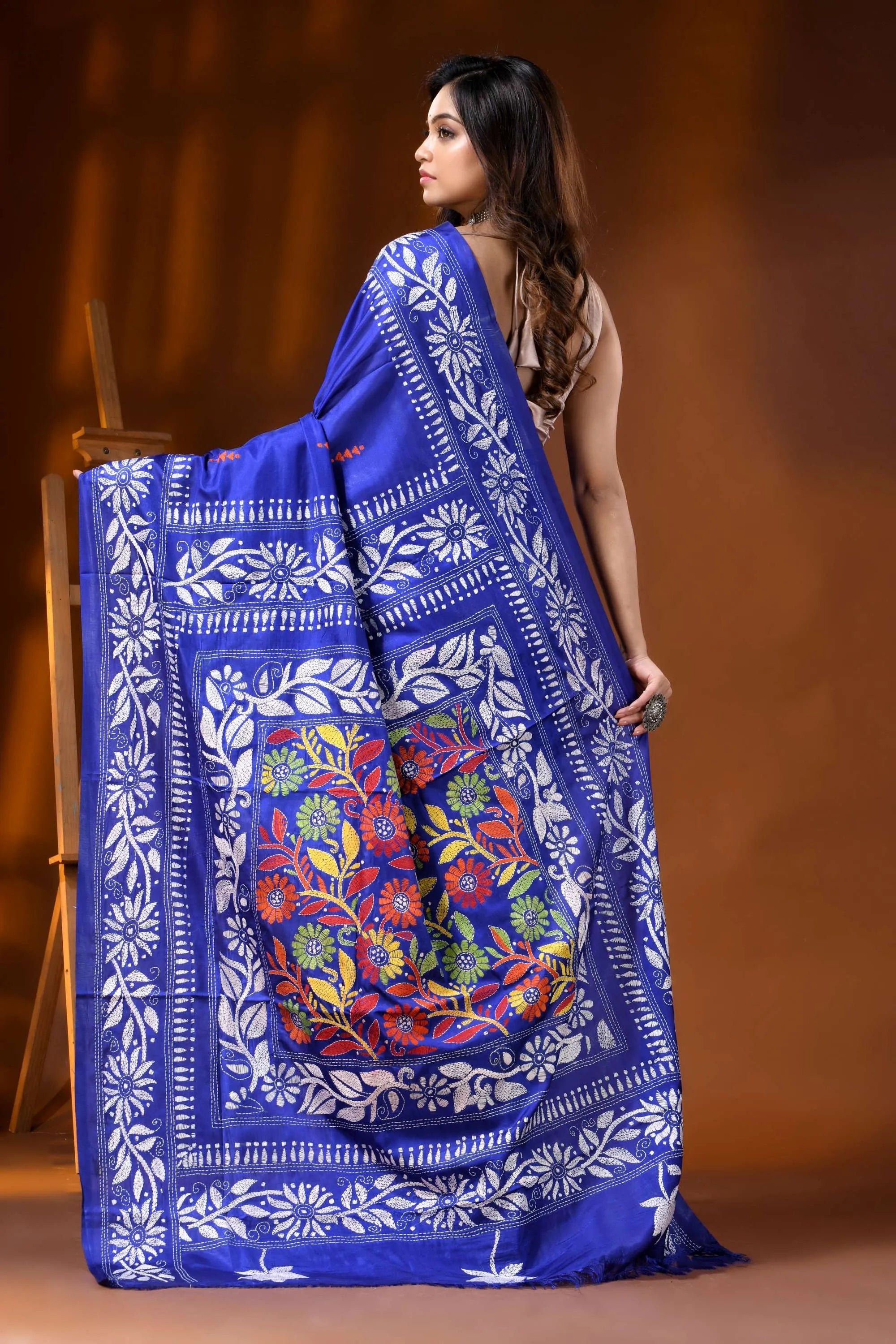 Royal blue silk kantha work saree hand embroidered floral design 5