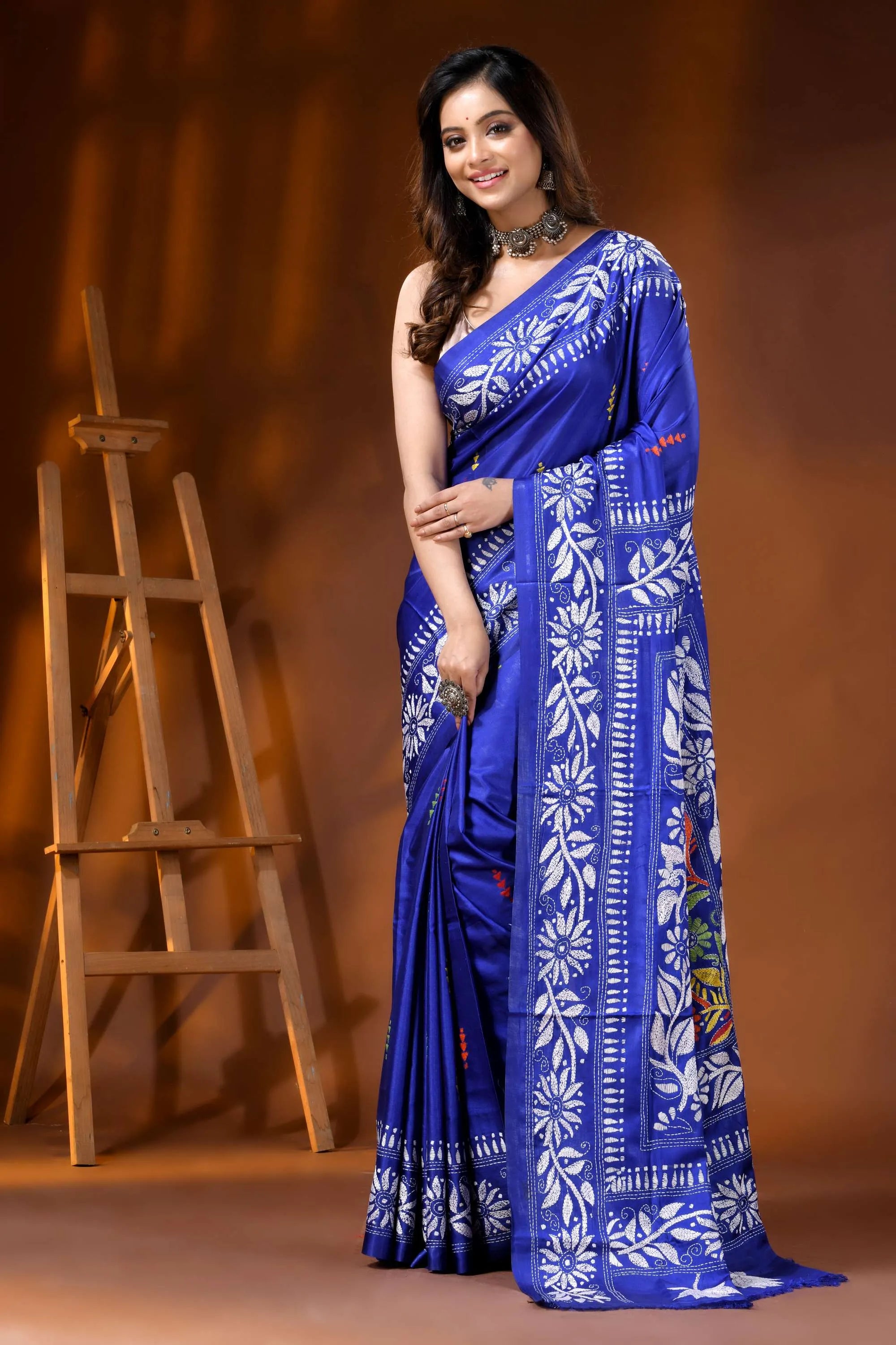 Royal blue silk kantha work saree hand embroidered floral design 6