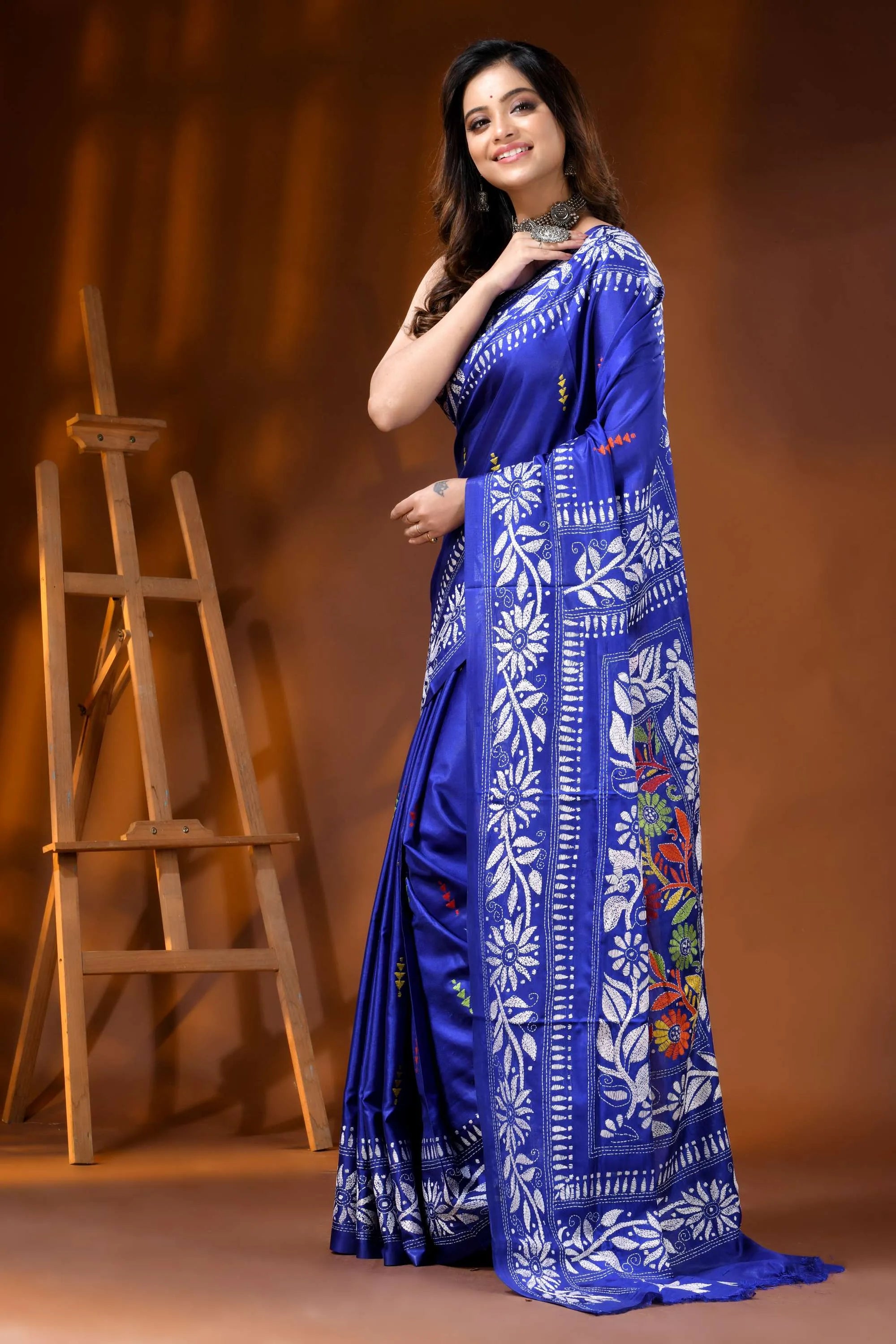 Royal blue silk kantha work saree hand embroidered floral design 3