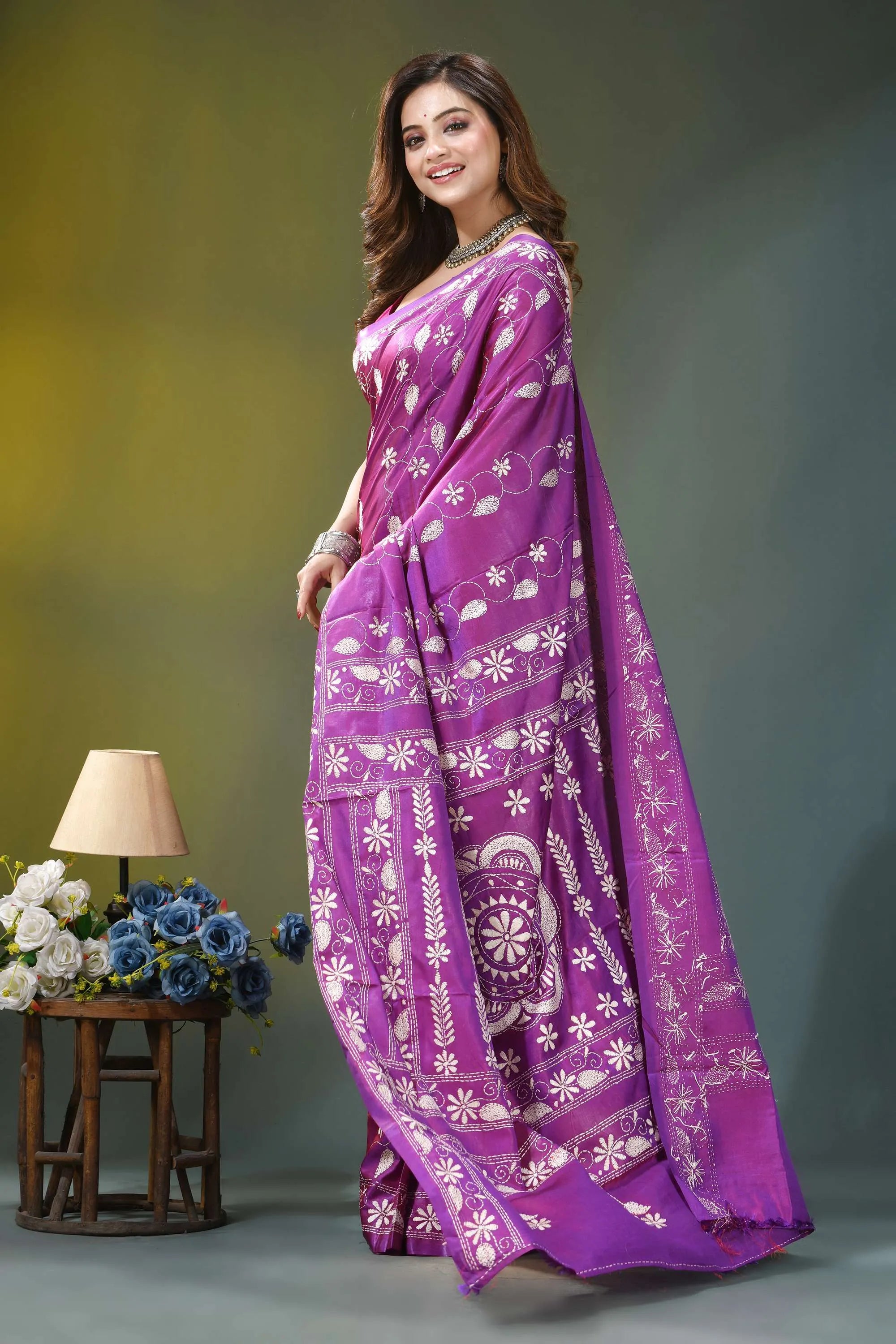 Royal purple floral design handmade silk kantha saree vibrant purple saree intricate white 4