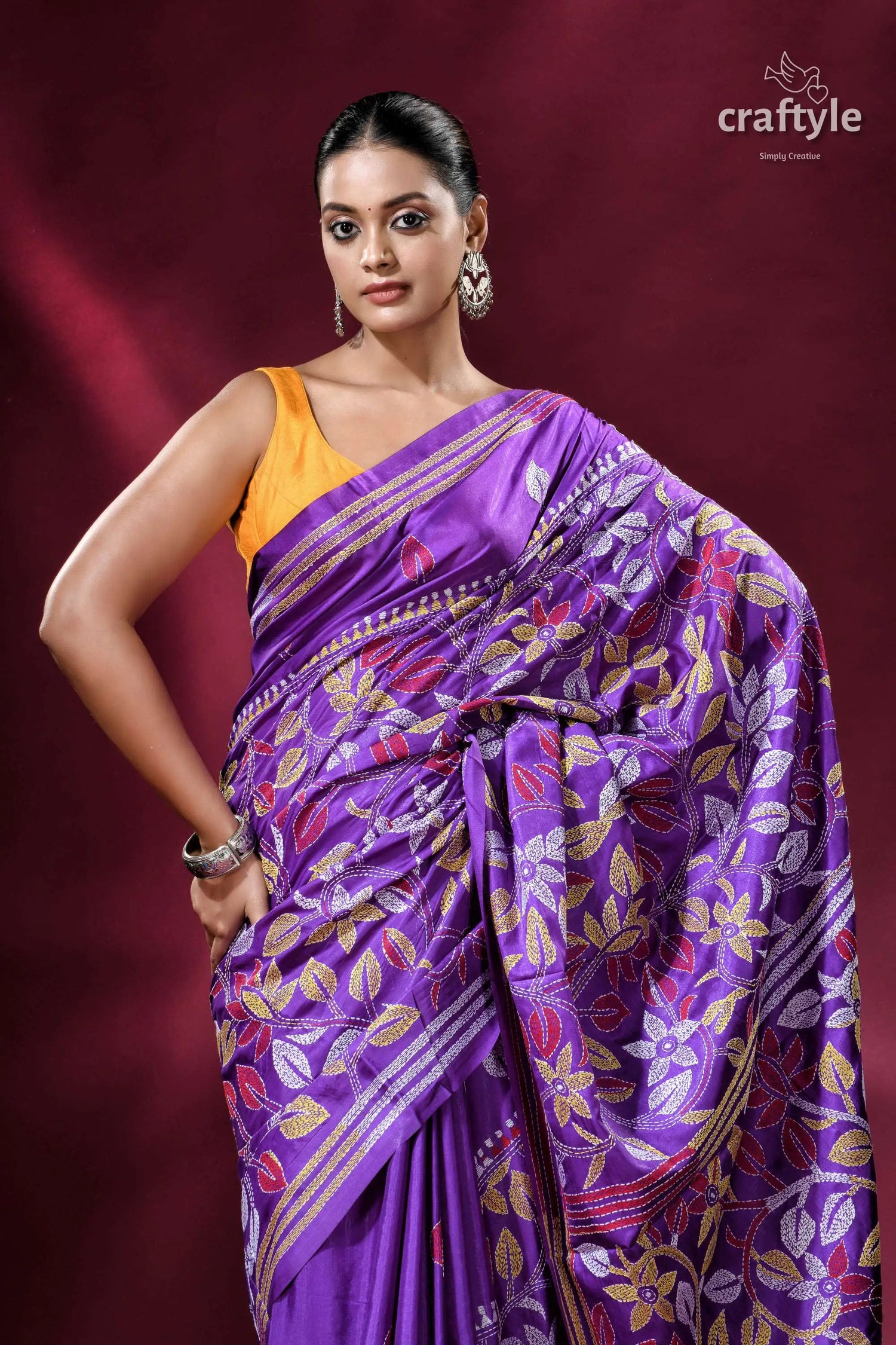 Royal purple floral pattern elegant silk kantha saree purple floral embroidered saree 2