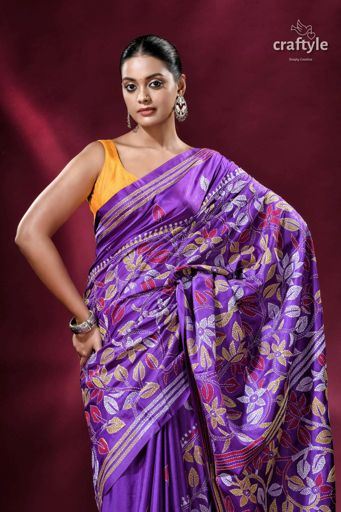 Royal purple floral pattern elegant silk kantha saree purple floral embroidered saree 2