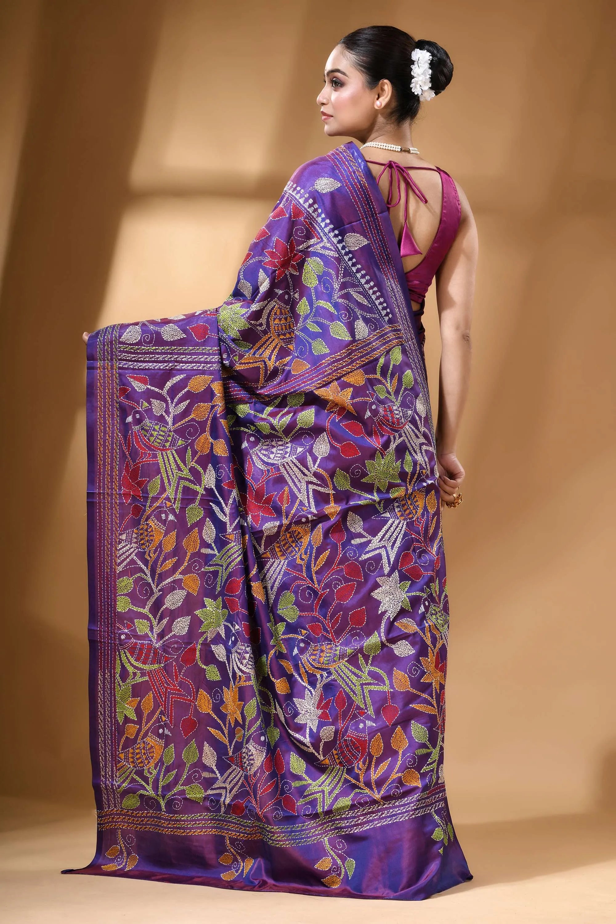 Royal purple multi-thread bird theme kantha silk saree purple silk saree intricate floral 5