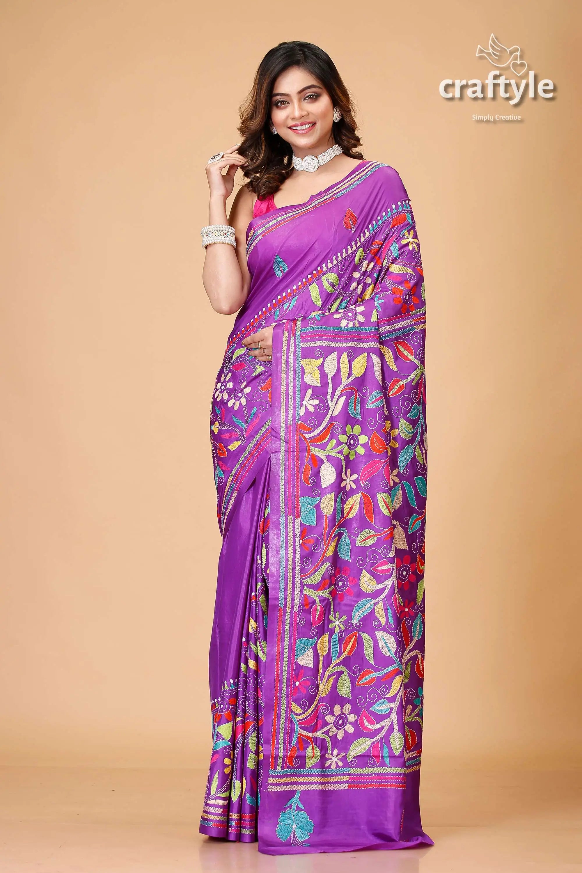 Royal purple multicolor silk kantha stitch saree purple floral embroidered saree 1