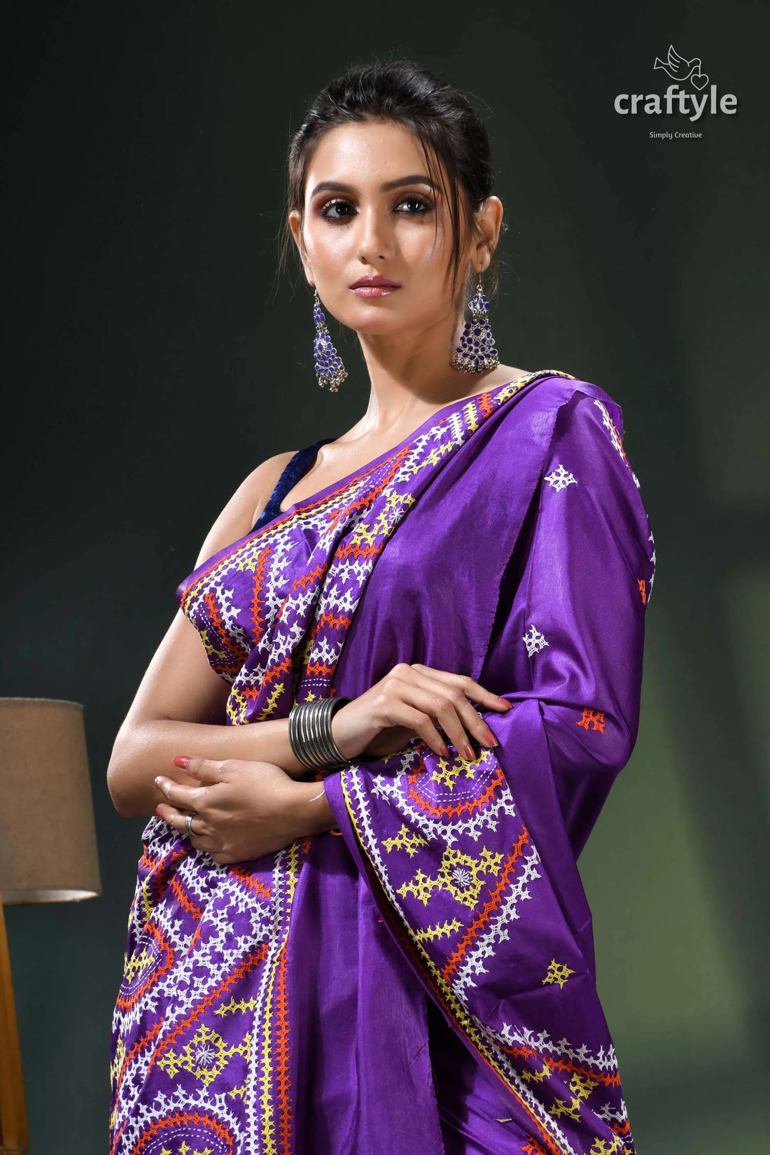 Royal purple multithread kutch embroidery ethnic silk kantha saree purple silk saree intricate embroidery 2