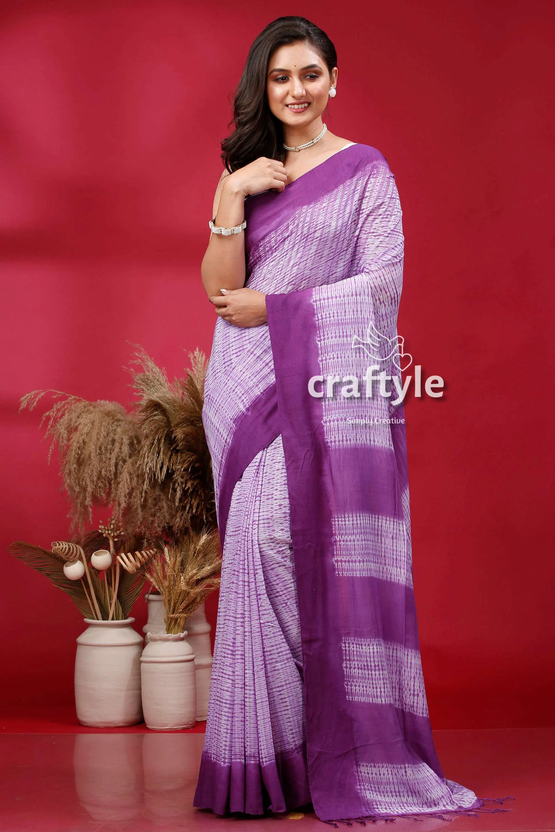 Royal purple shibori cotton handloom saree - unique and stylish woman white 1