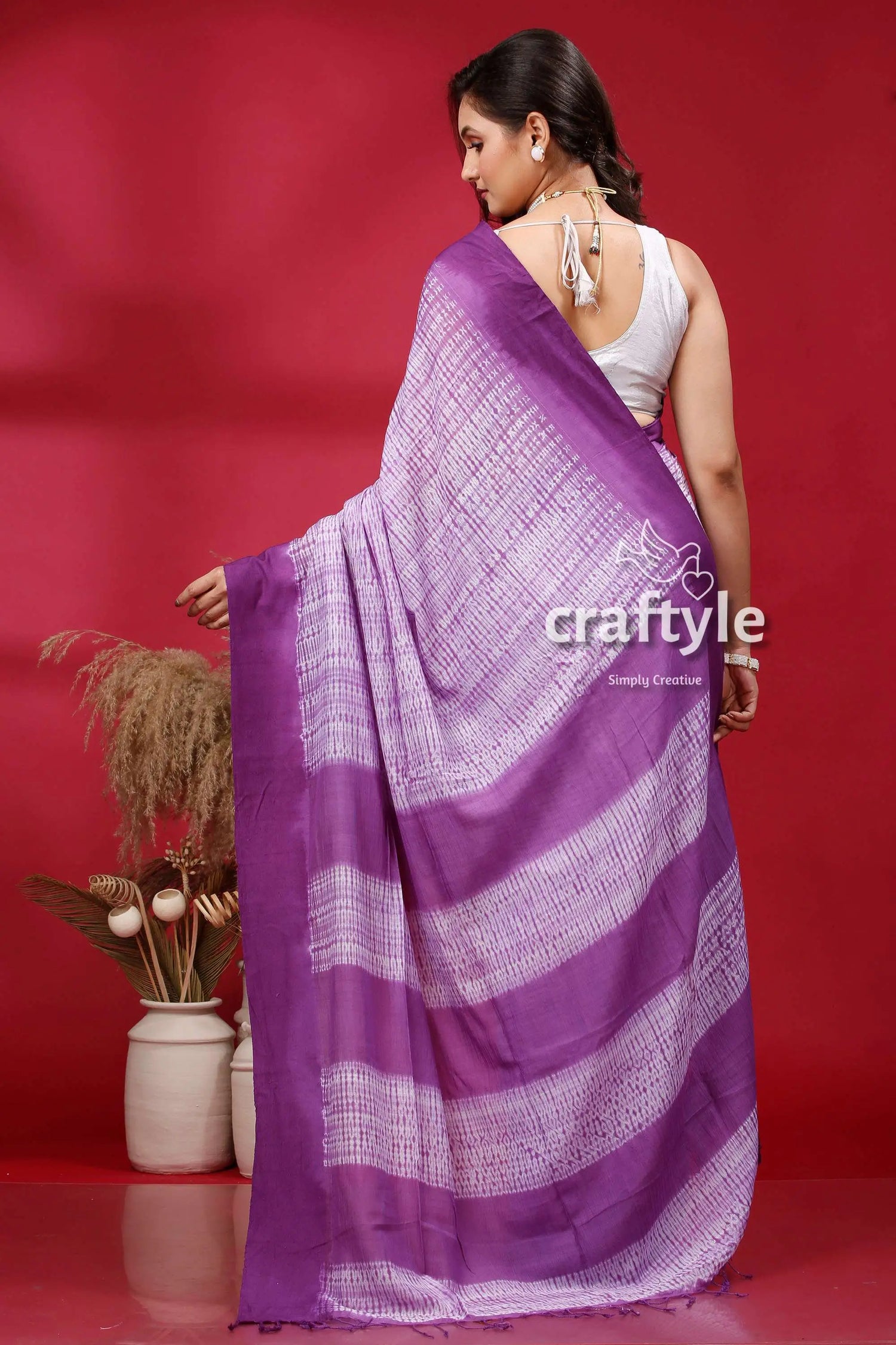 Royal purple shibori cotton handloom saree - unique and stylish white patterned saree 6