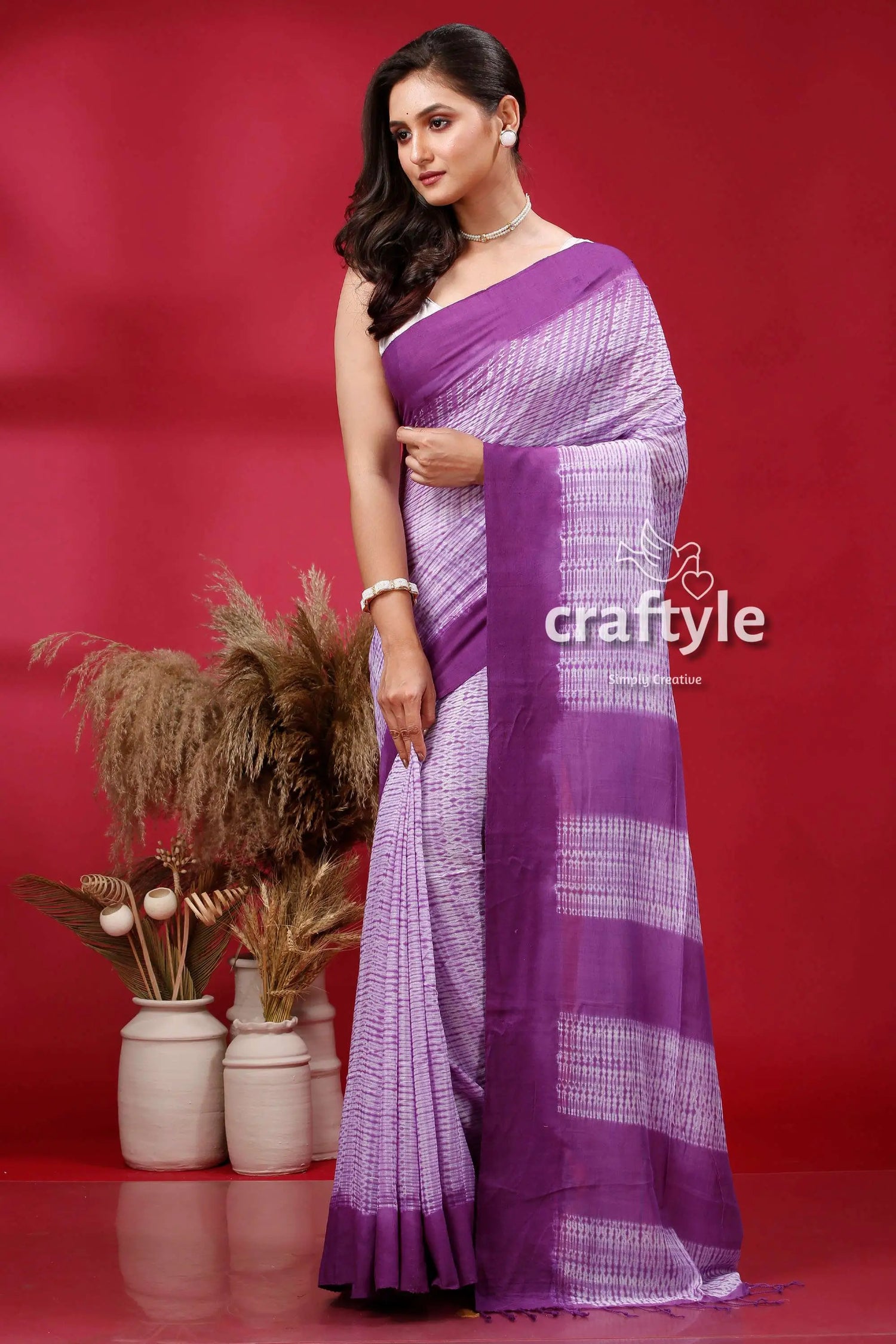 Royal purple shibori cotton handloom saree - unique and stylish white patterned saree 3