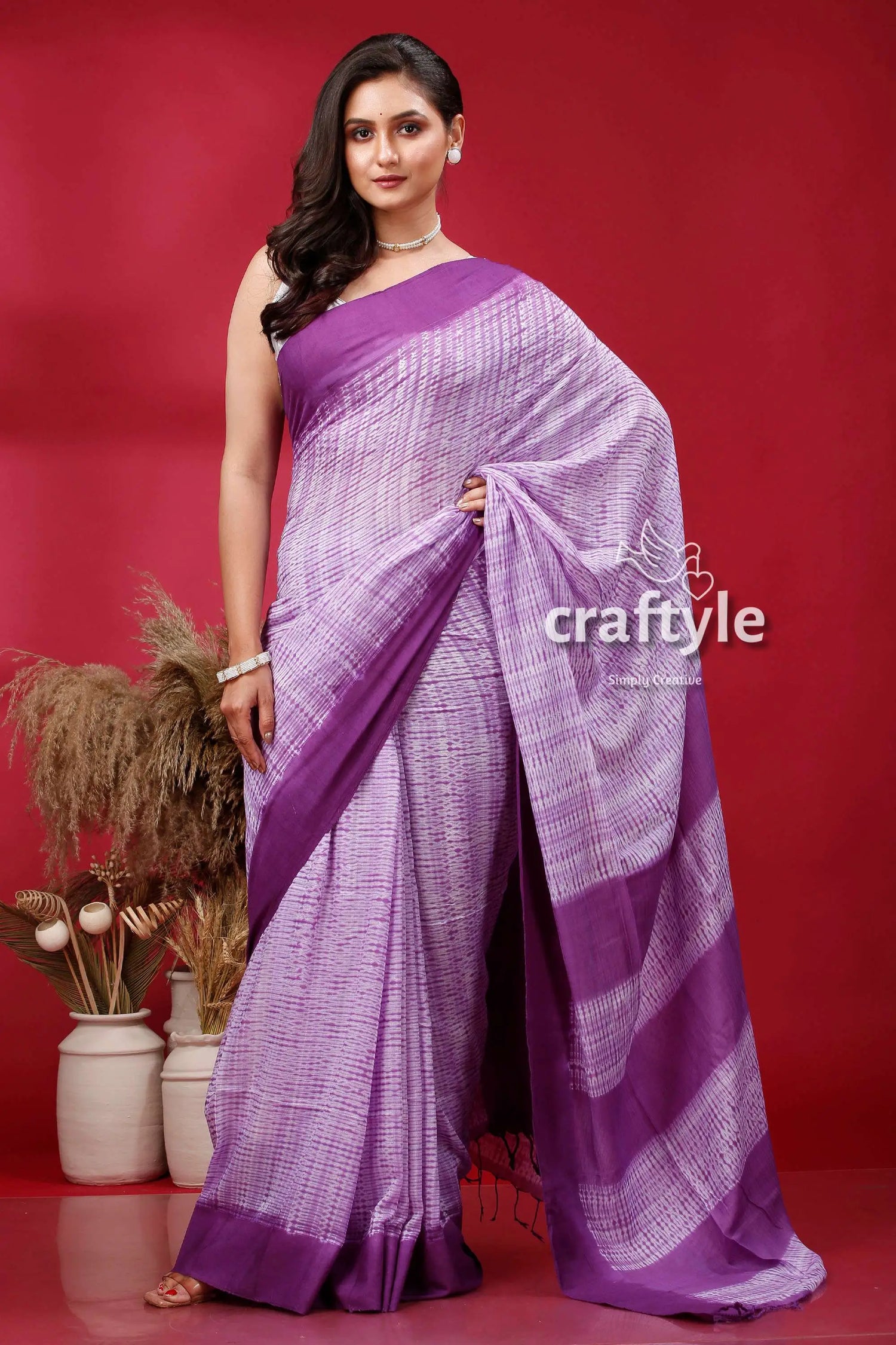 Royal purple shibori cotton handloom saree - unique and stylish white patterned saree 4