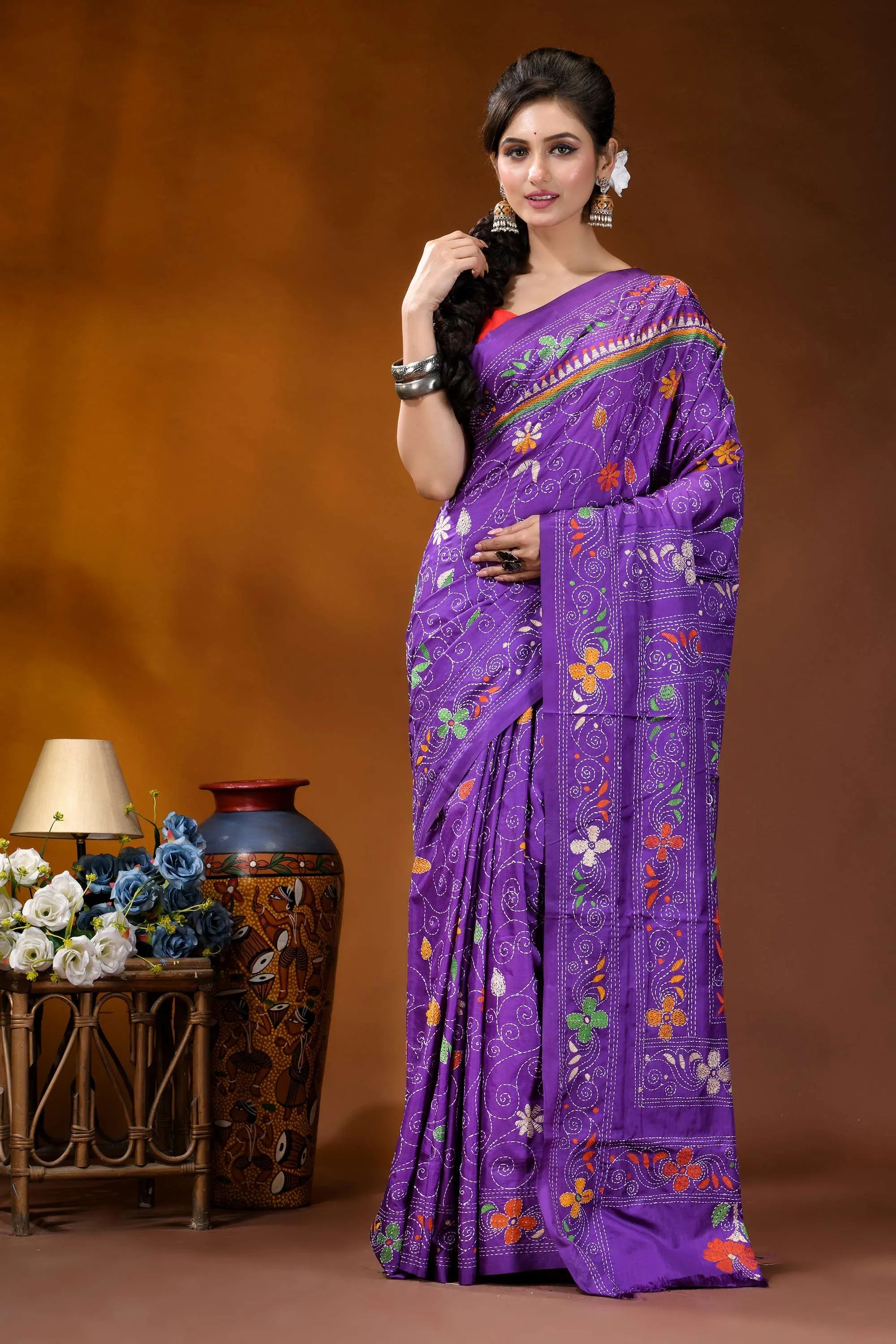 Royal purple swan motif kantha embroidery silk saree - handcrafted vibrant purple saree adorned intricate 2