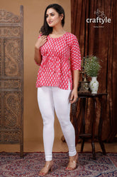 Ruby red cotton printed top with three quarter sleeves woman pink patterned white leggings 3