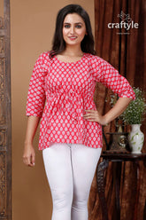 Ruby red cotton printed top with three quarter sleeves woman pink white patterned leggings 2