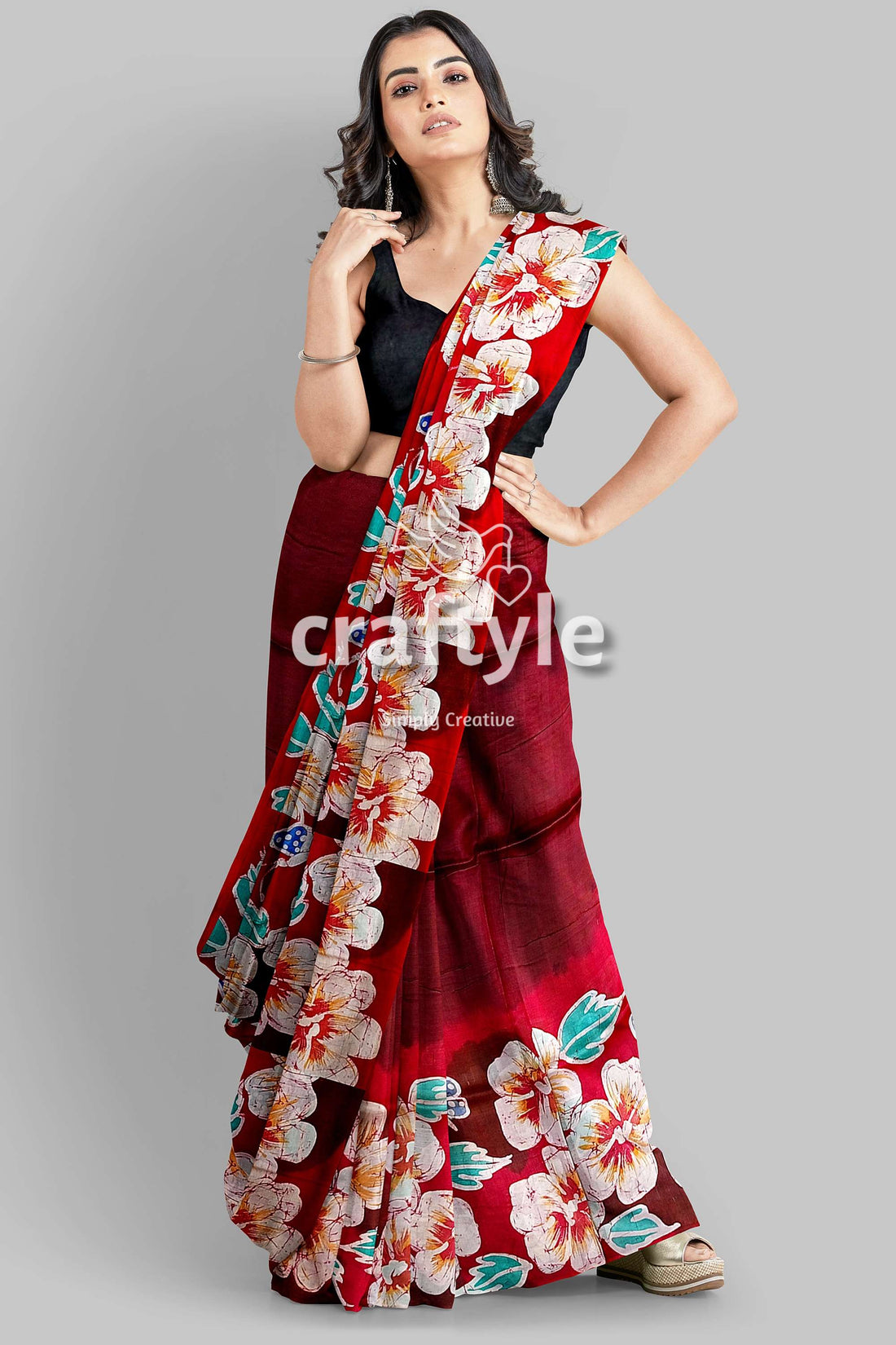 Ruby Red Floral Hand Batik Pure Mulberry Silk Saree - Craftyle