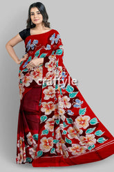 Ruby red floral hand batik pure mulberry silk saree red floral saree 5