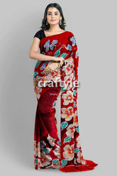 Ruby red floral hand batik pure mulberry silk saree red floral-patterned saree 4