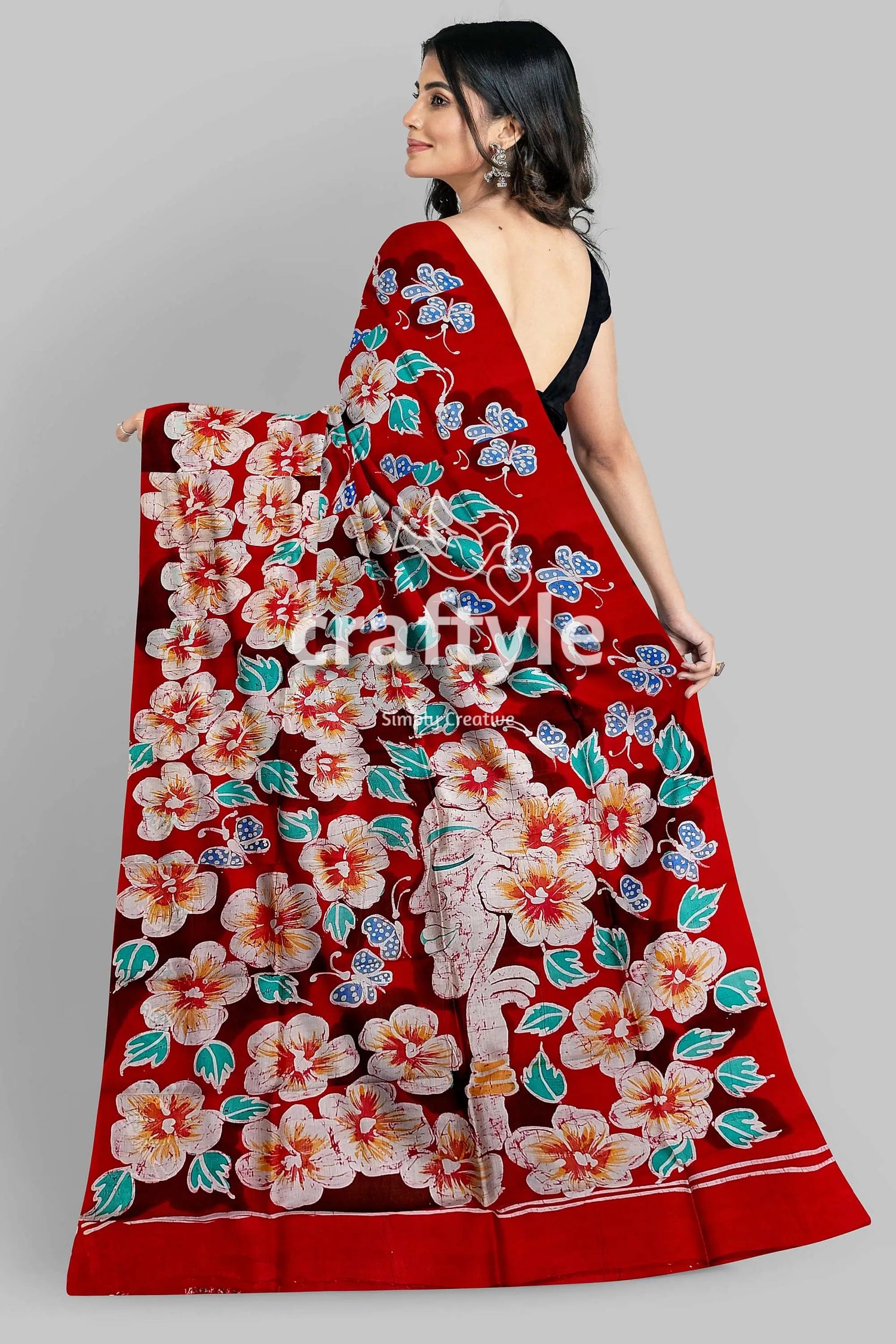 Ruby red floral hand batik pure mulberry silk saree red floral saree 6