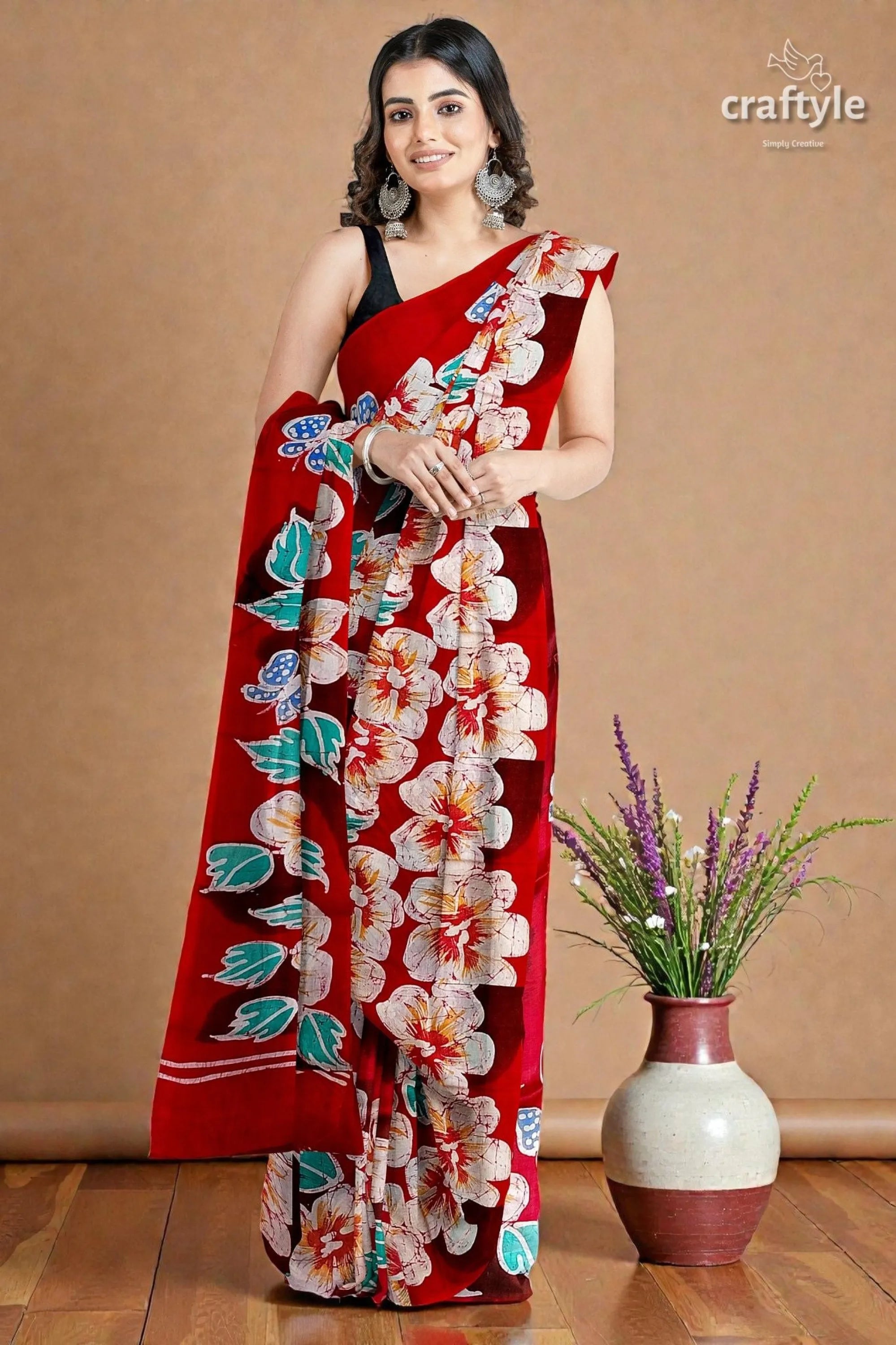 Ruby red floral hand batik pure mulberry silk saree vibrant red saree bold floral 1