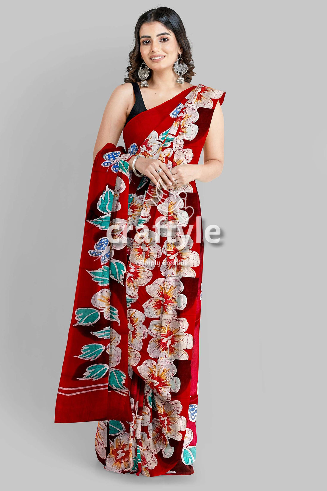 Ruby Red Floral Hand Batik Pure Mulberry Silk Saree - Craftyle