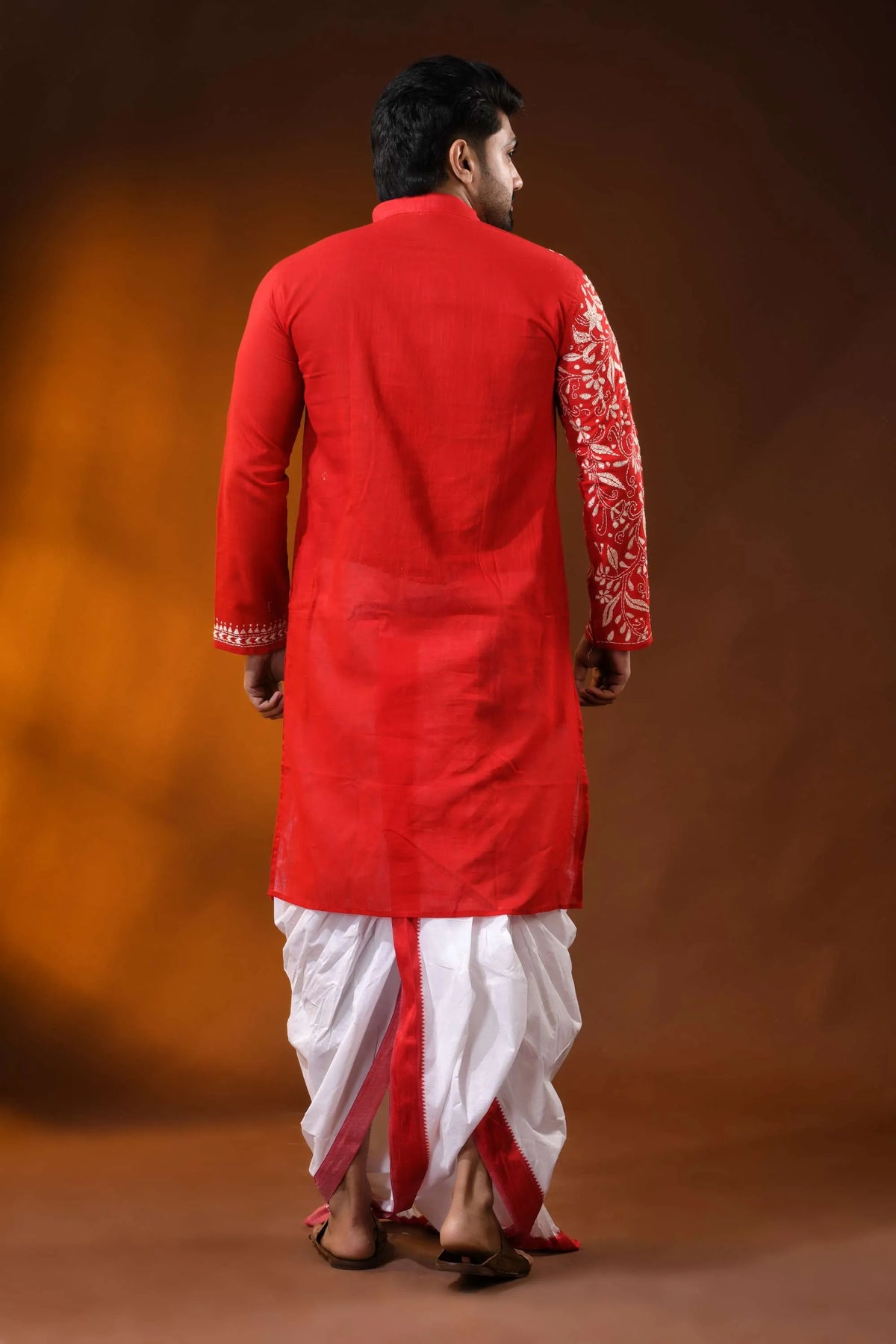 Ruby red floral kantha embroidery pure cotton punjabi for men 5