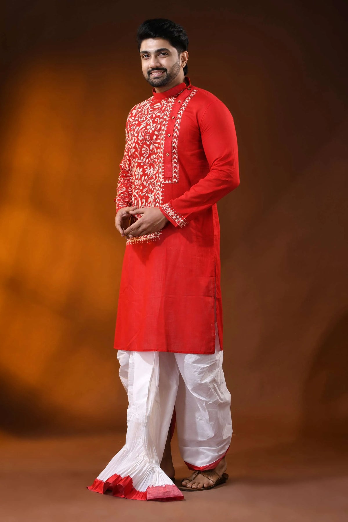 Ruby red floral kantha embroidery pure cotton punjabi for men 3
