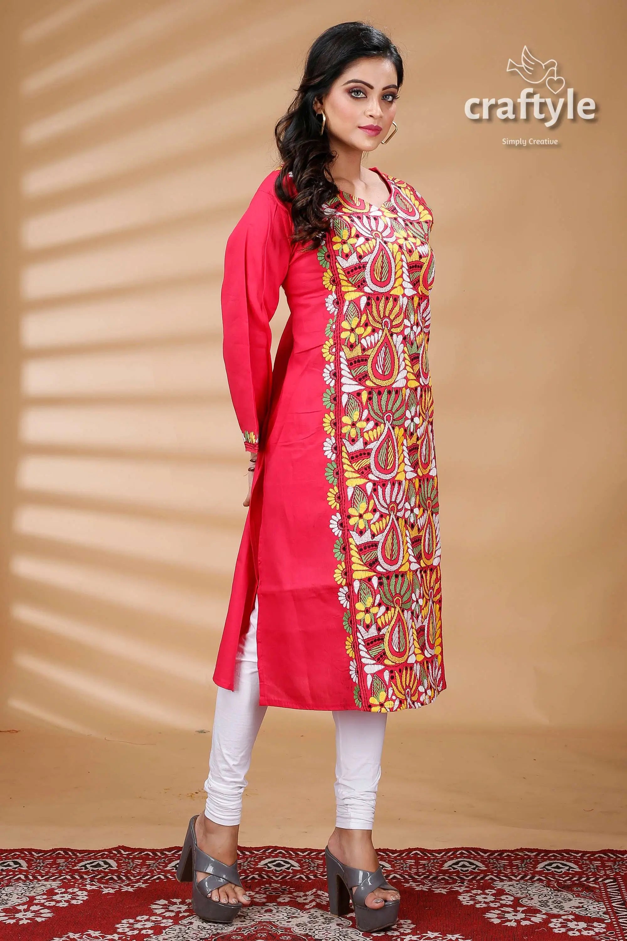 Ruby red muticolor thread kantha work cotton kurti for women woman red embroidered tunic 3