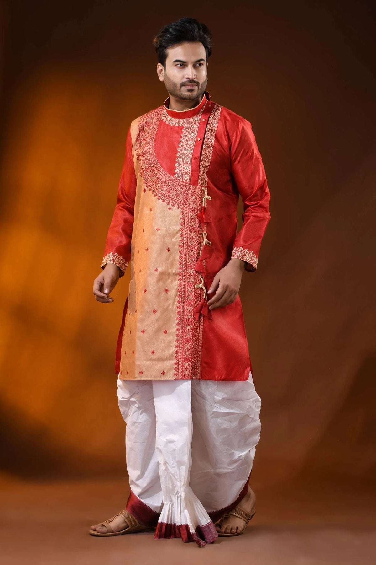 Ruby red semi tussar embroidery kurta for men with ethnic design 4