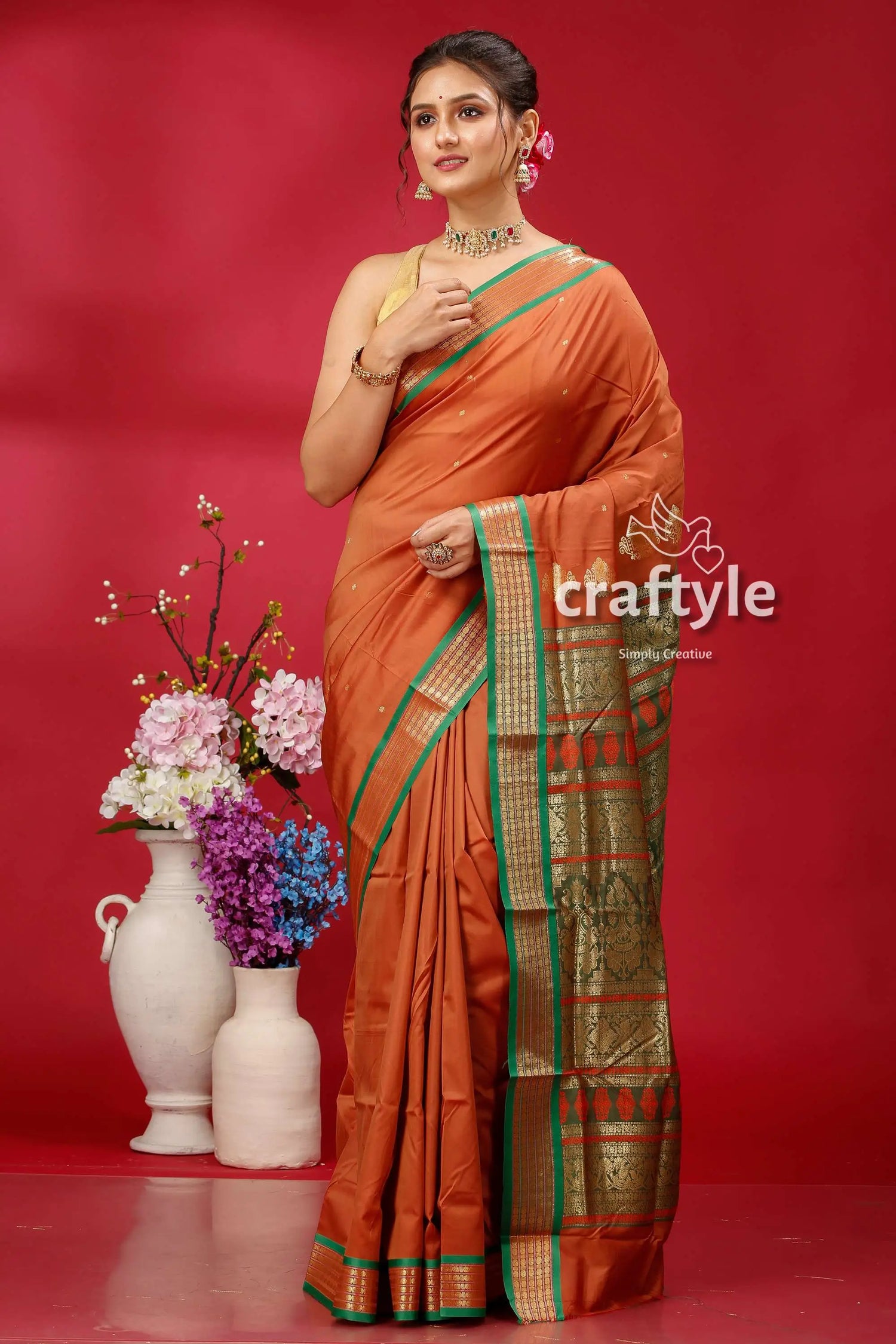Ruddy brown bomkai silk saree with zari border - exquisite indian style woman orange saree 1