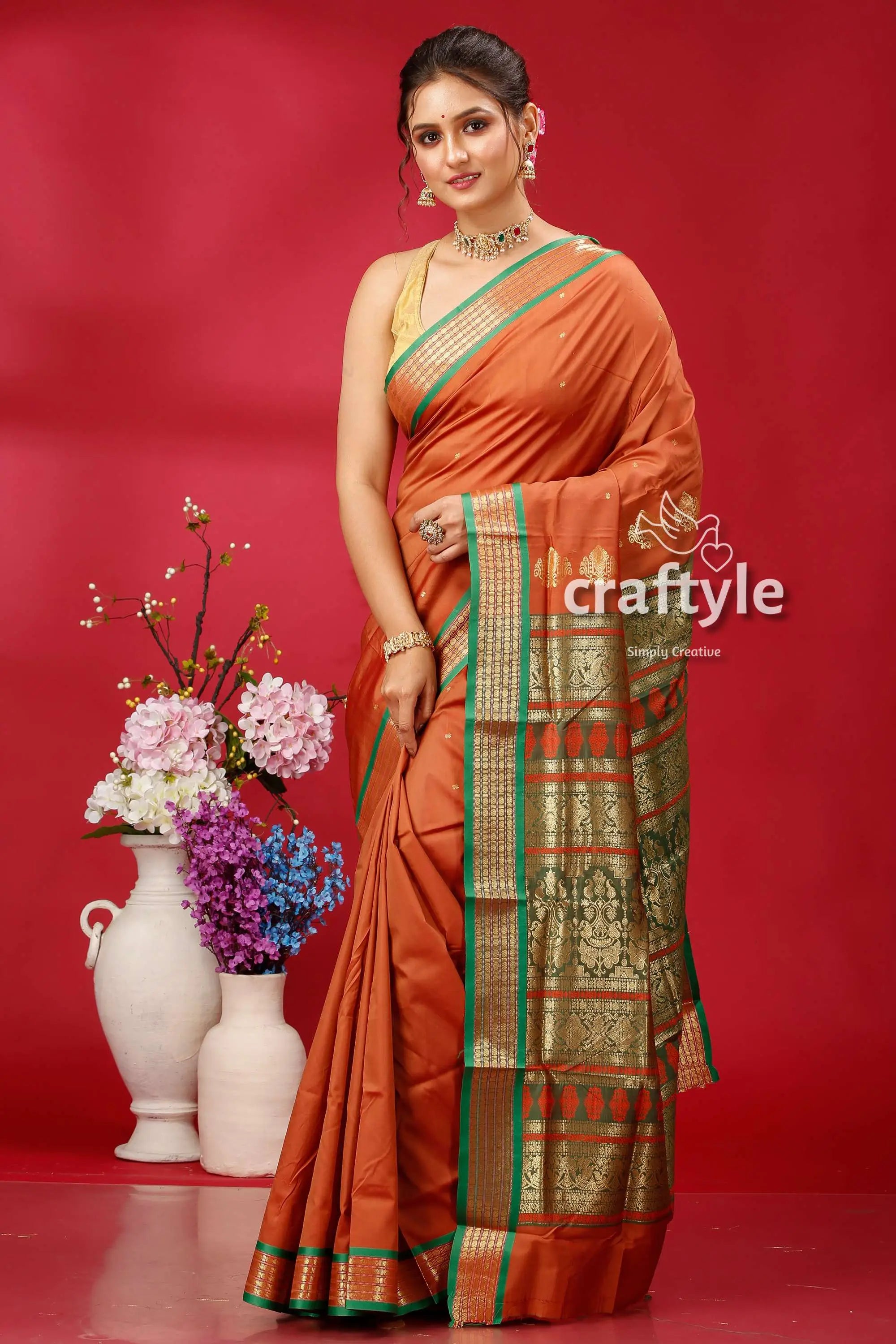 Ruddy brown bomkai silk saree with zari border - exquisite indian style woman orange saree 3