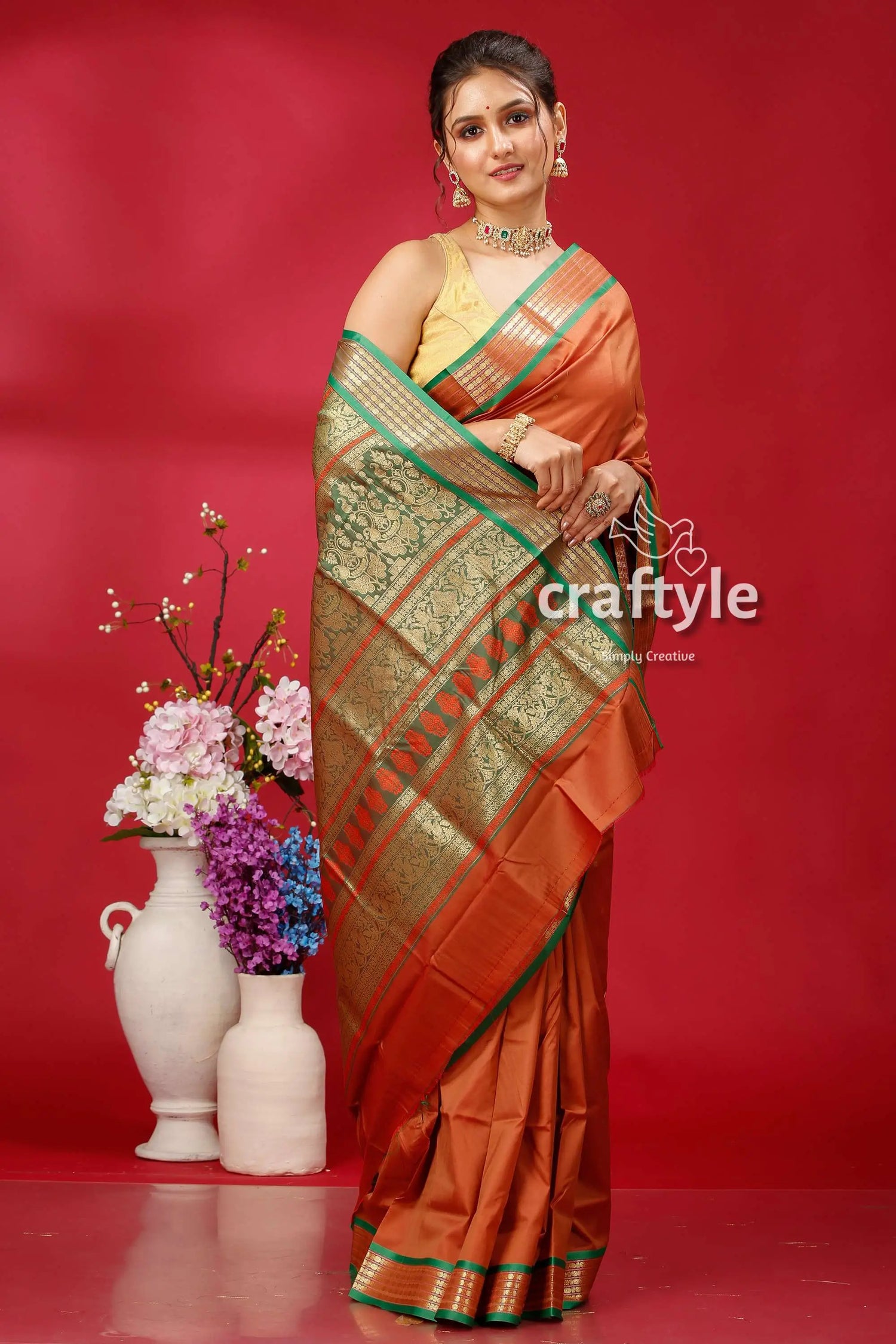 Ruddy brown bomkai silk saree with zari border - exquisite indian style elegant orange saree green border 4